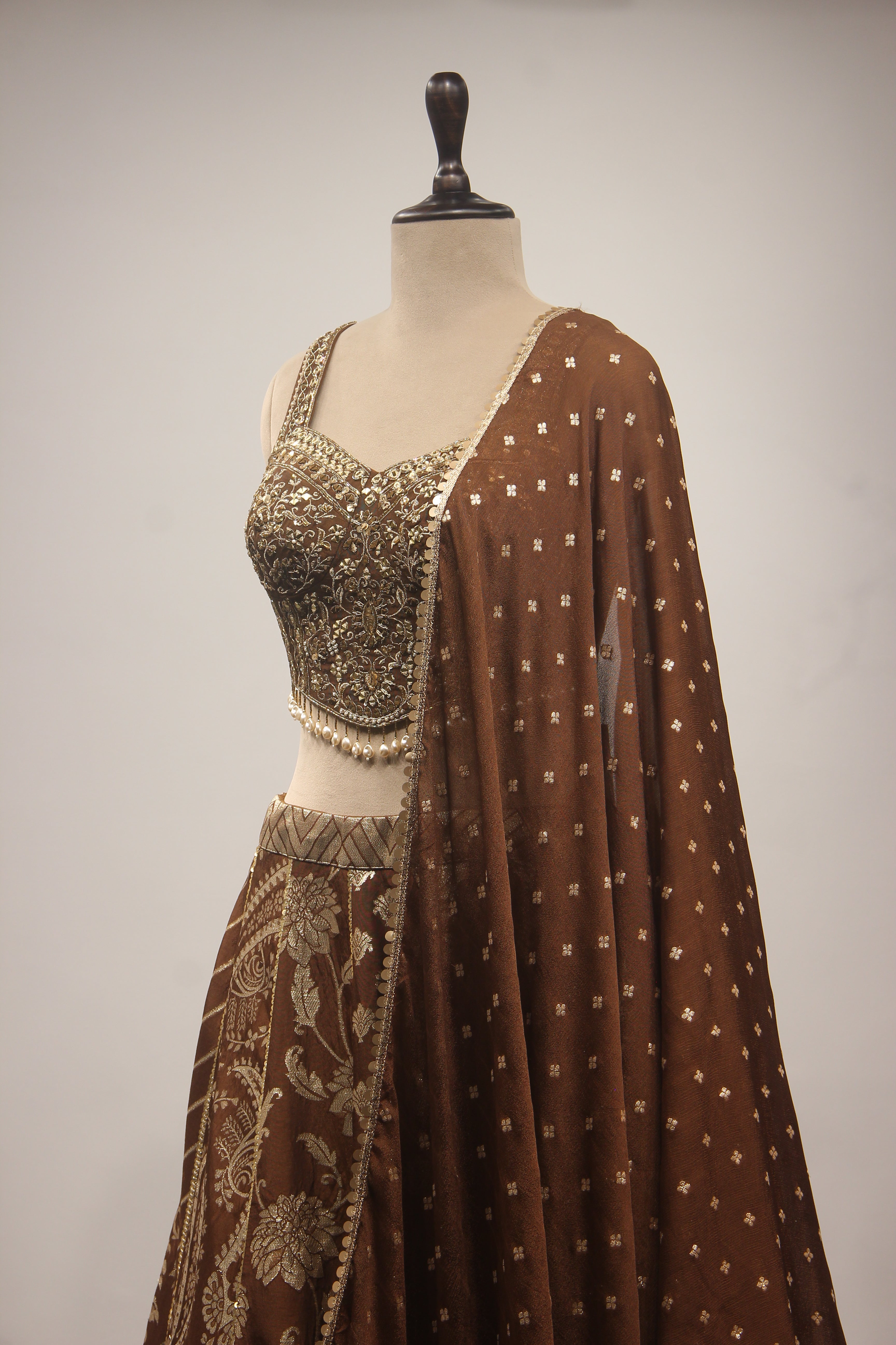 Brown Banarasi Brocade Corset Lehenga with Hand Embroidery & Mirror Handwork
