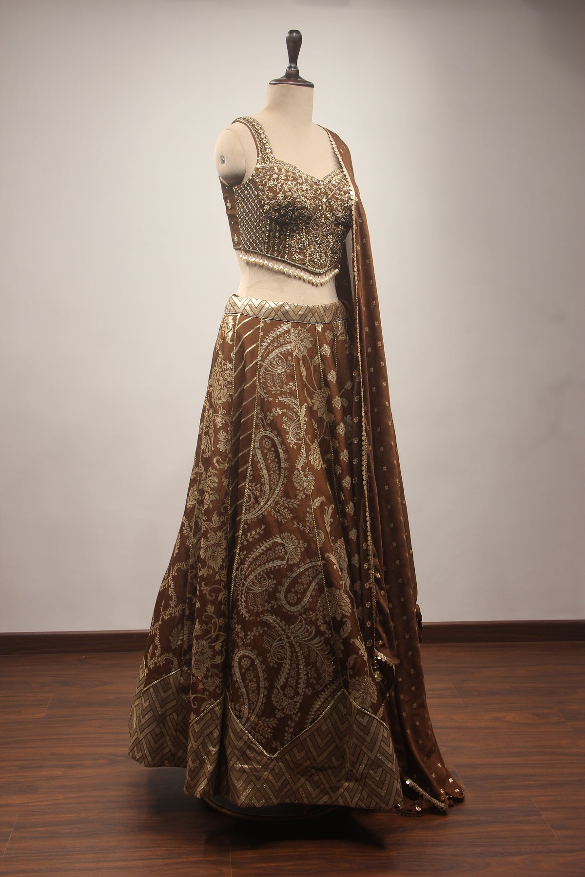 Brown Banarasi Brocade Corset Lehenga with Hand Embroidery & Mirror Handwork