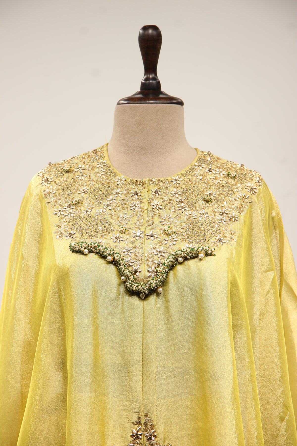 Green Shimmer Tissue Kaftan Indo Western with Hand Embroidery & Beads – front close-up
