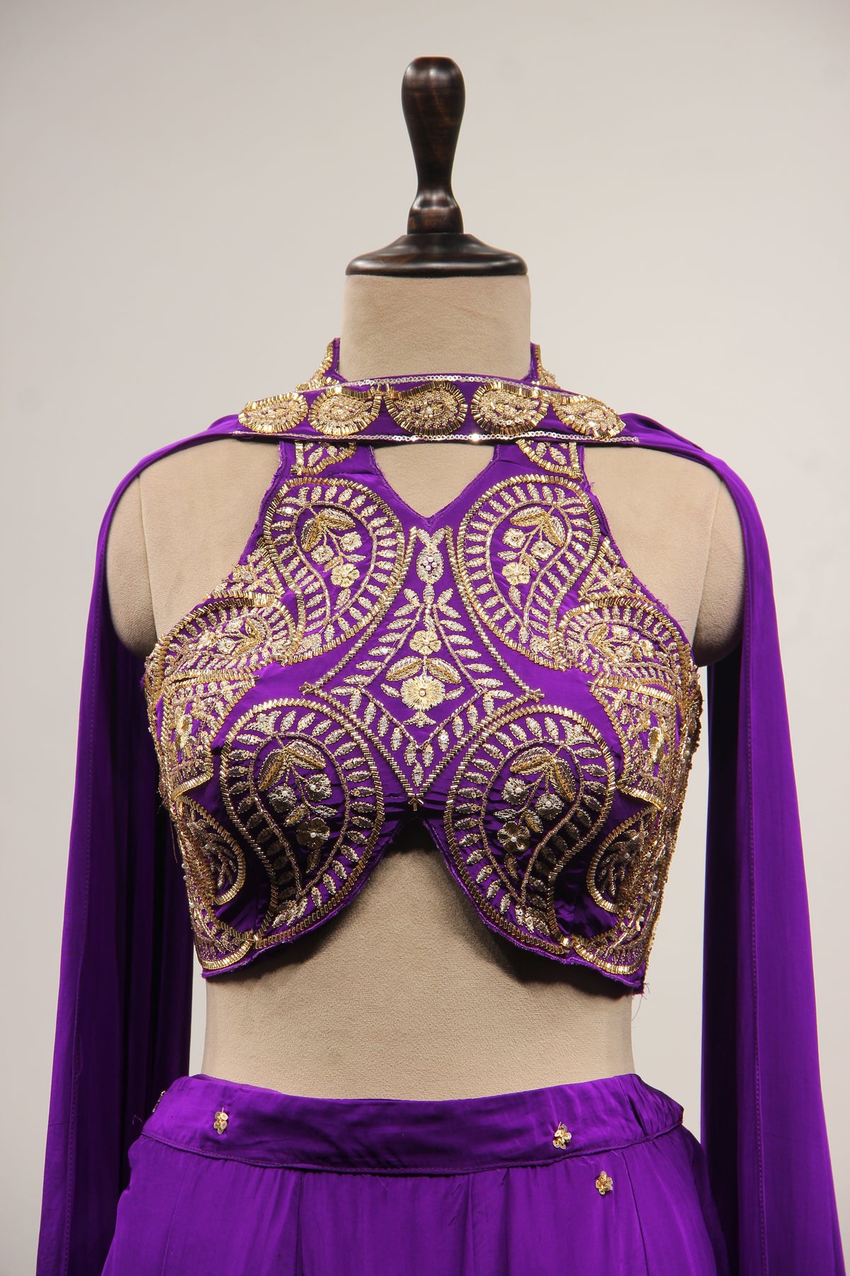 Crepe Purple Halter Neck Palazzo with Cut Dana & Thread Handwork