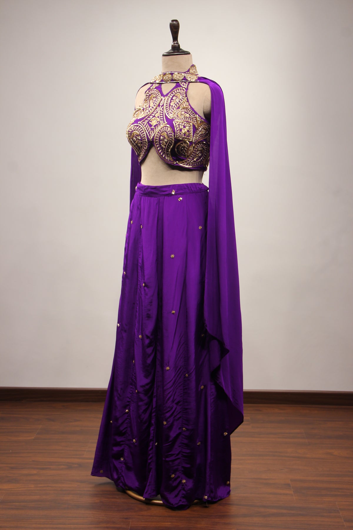 Crepe Purple Halter Neck Palazzo with Cut Dana & Thread Handwork