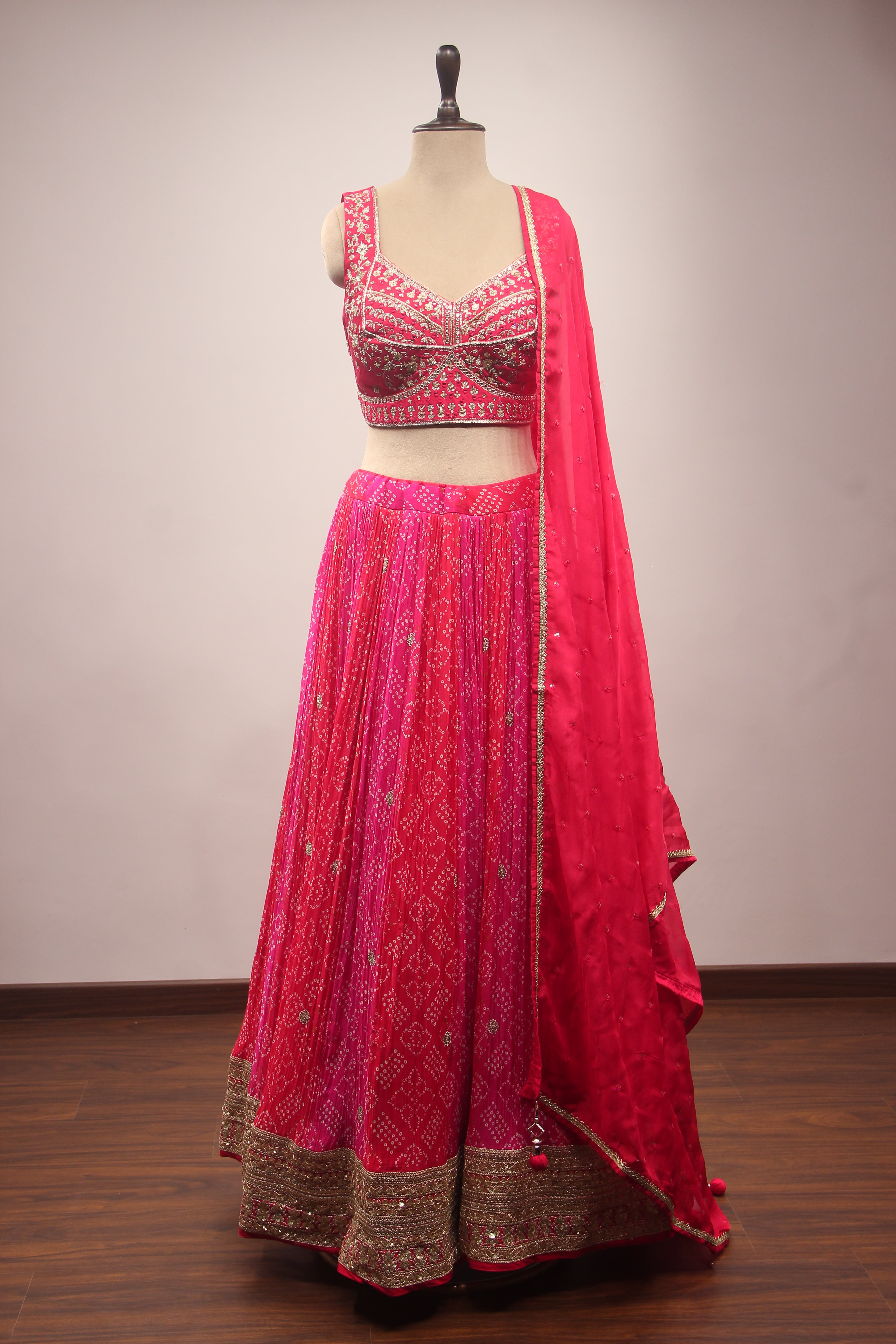 Pink Crepe Lehenga with Hand Embroidery & Sequin Handwork Crop Top