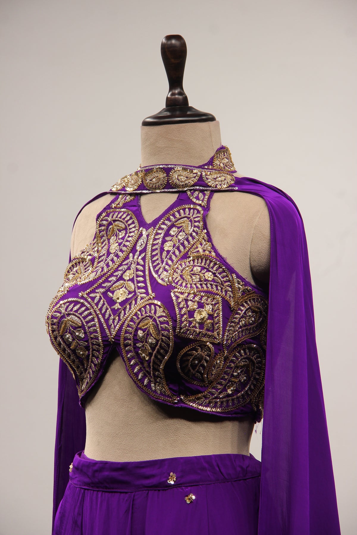 Crepe Purple Halter Neck Palazzo with Cut Dana & Thread Handwork