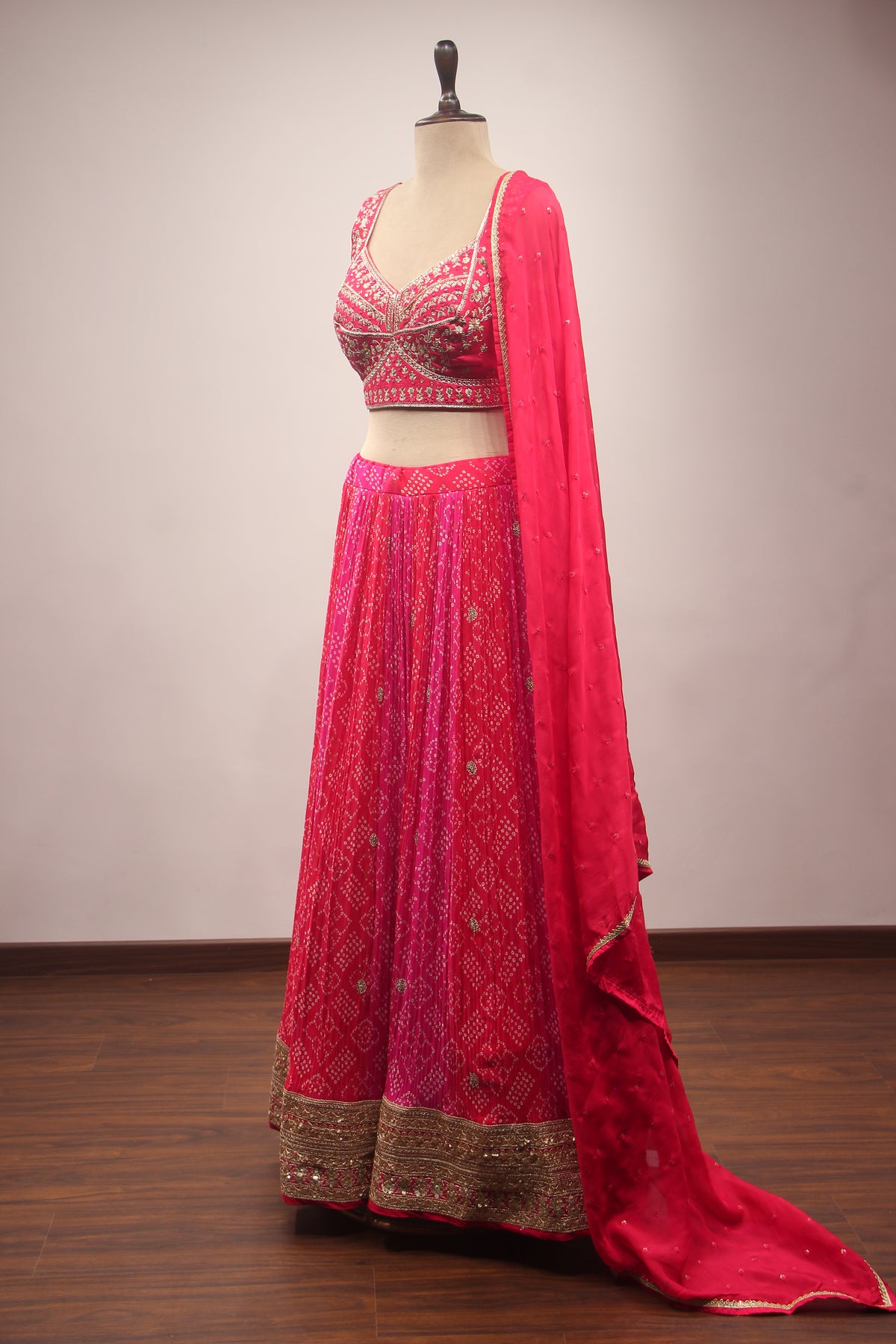 Pink Crepe Lehenga with Hand Embroidery & Sequin Handwork Crop Top