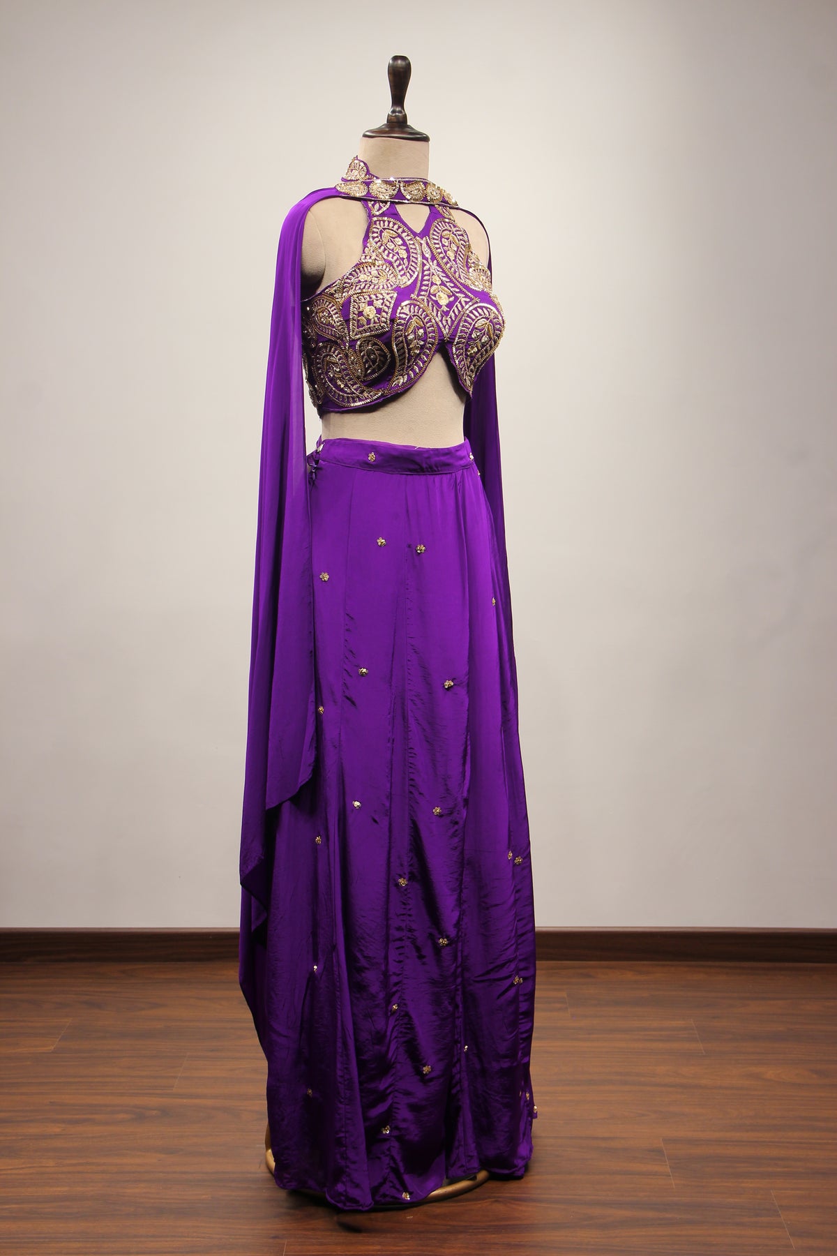 Crepe Purple Halter Neck Palazzo with Cut Dana & Thread Handwork