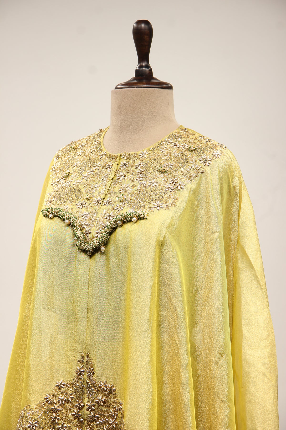 Green Shimmer Tissue Kaftan Indo Western with Hand Embroidery & Beads – side close-up