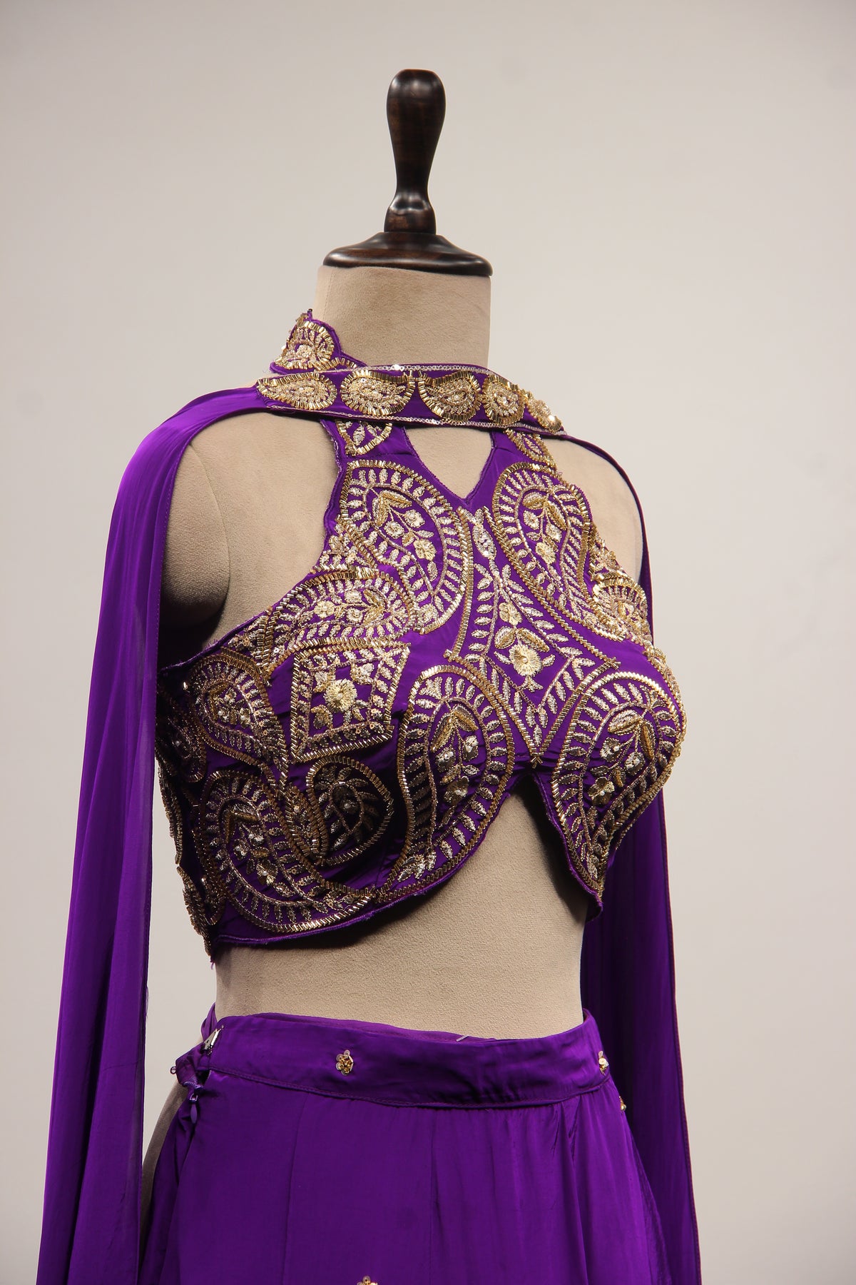Crepe Purple Halter Neck Palazzo with Cut Dana & Thread Handwork