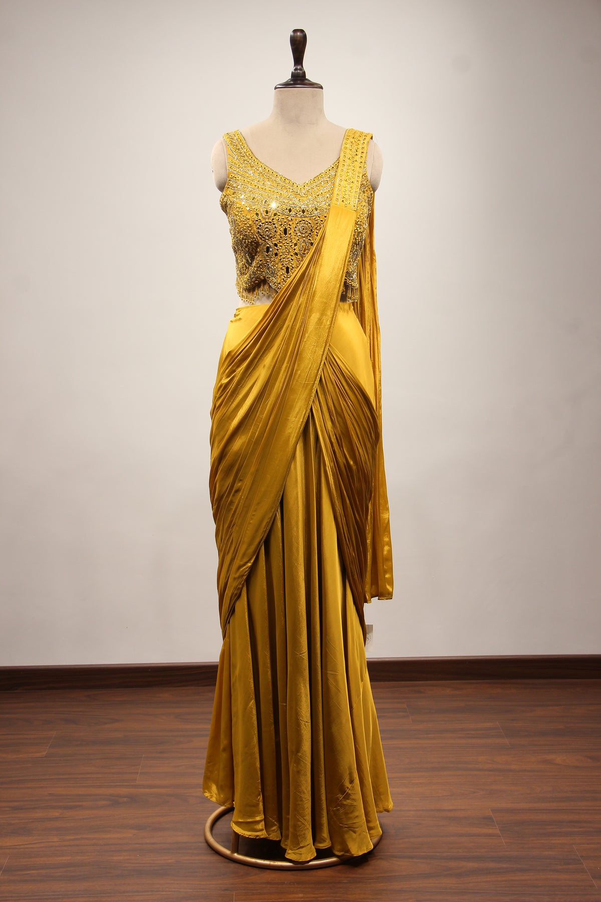 Crepe Drape Saree with Mirror & Resham Handwork Crop Top in Mustard