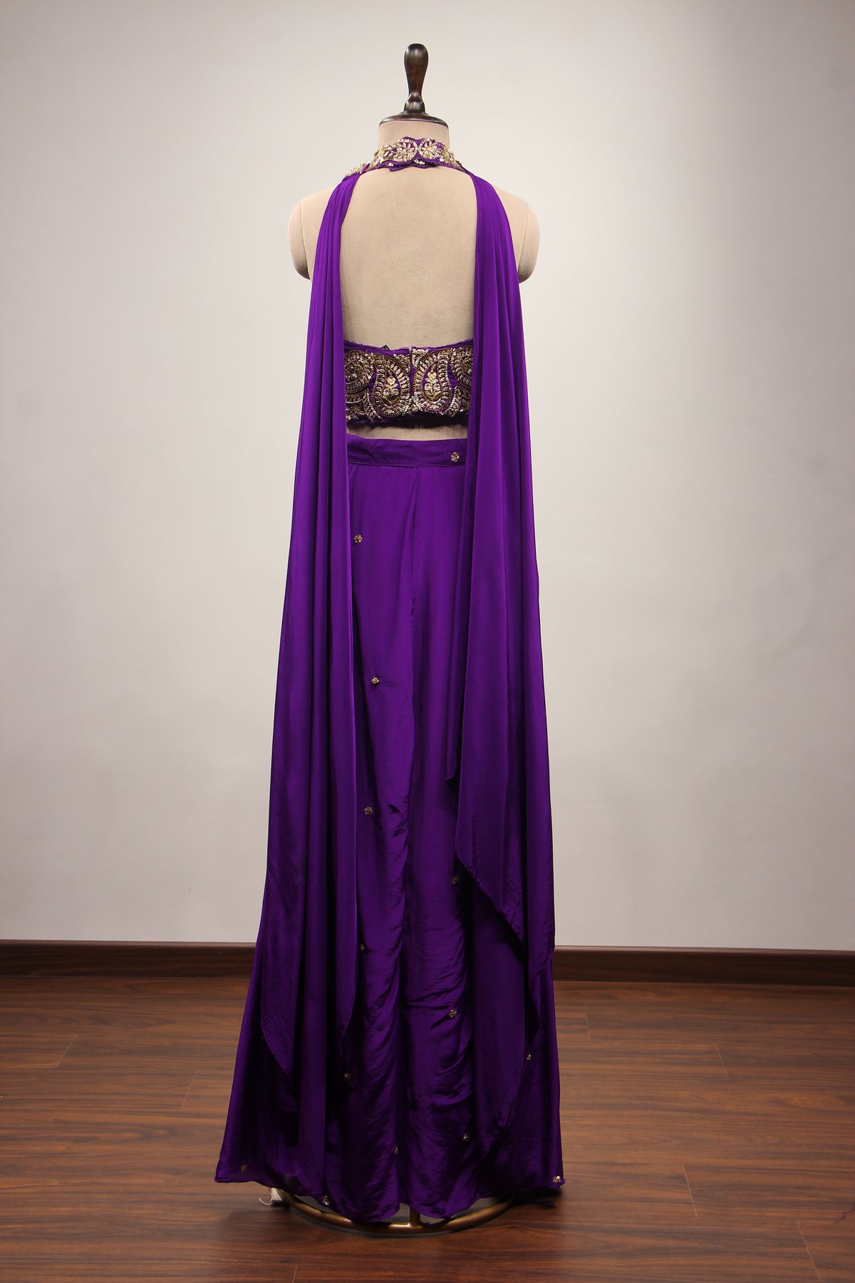 Crepe Purple Halter Neck Palazzo with Cut Dana & Thread Handwork