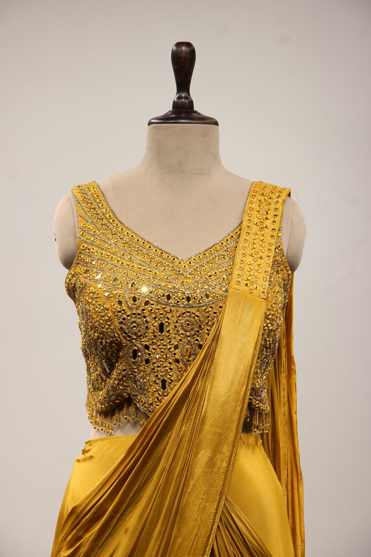 Crepe Drape Saree with Mirror & Resham Handwork Crop Top in Mustard