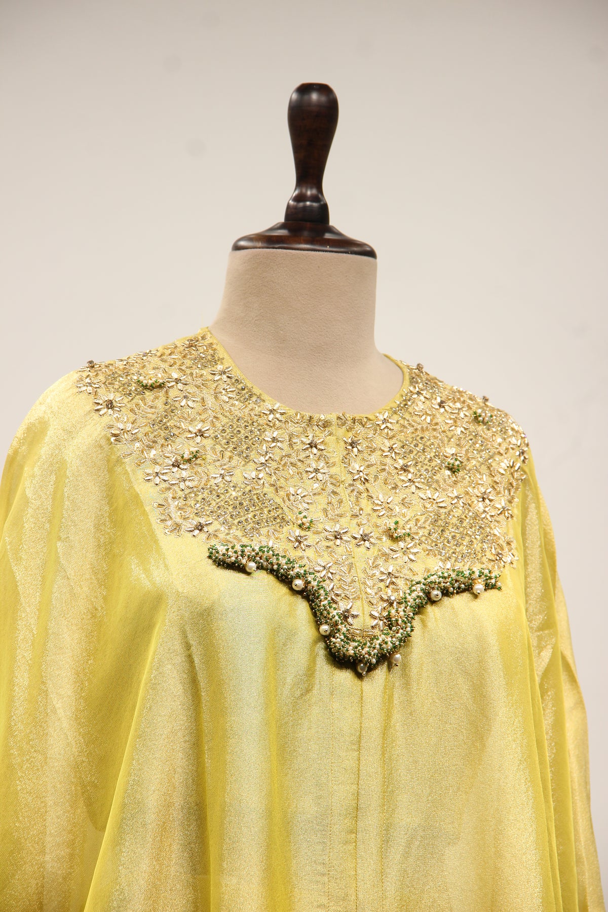 Green Shimmer Tissue Kaftan Indo Western with Hand Embroidery & Beads – other side close-up