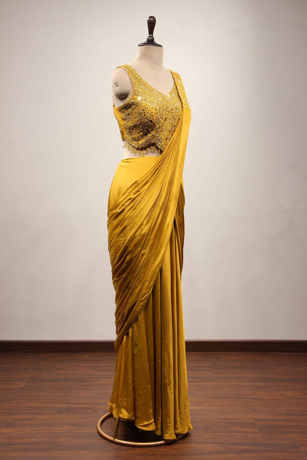 Crepe Drape Saree with Mirror & Resham Handwork Crop Top in Mustard