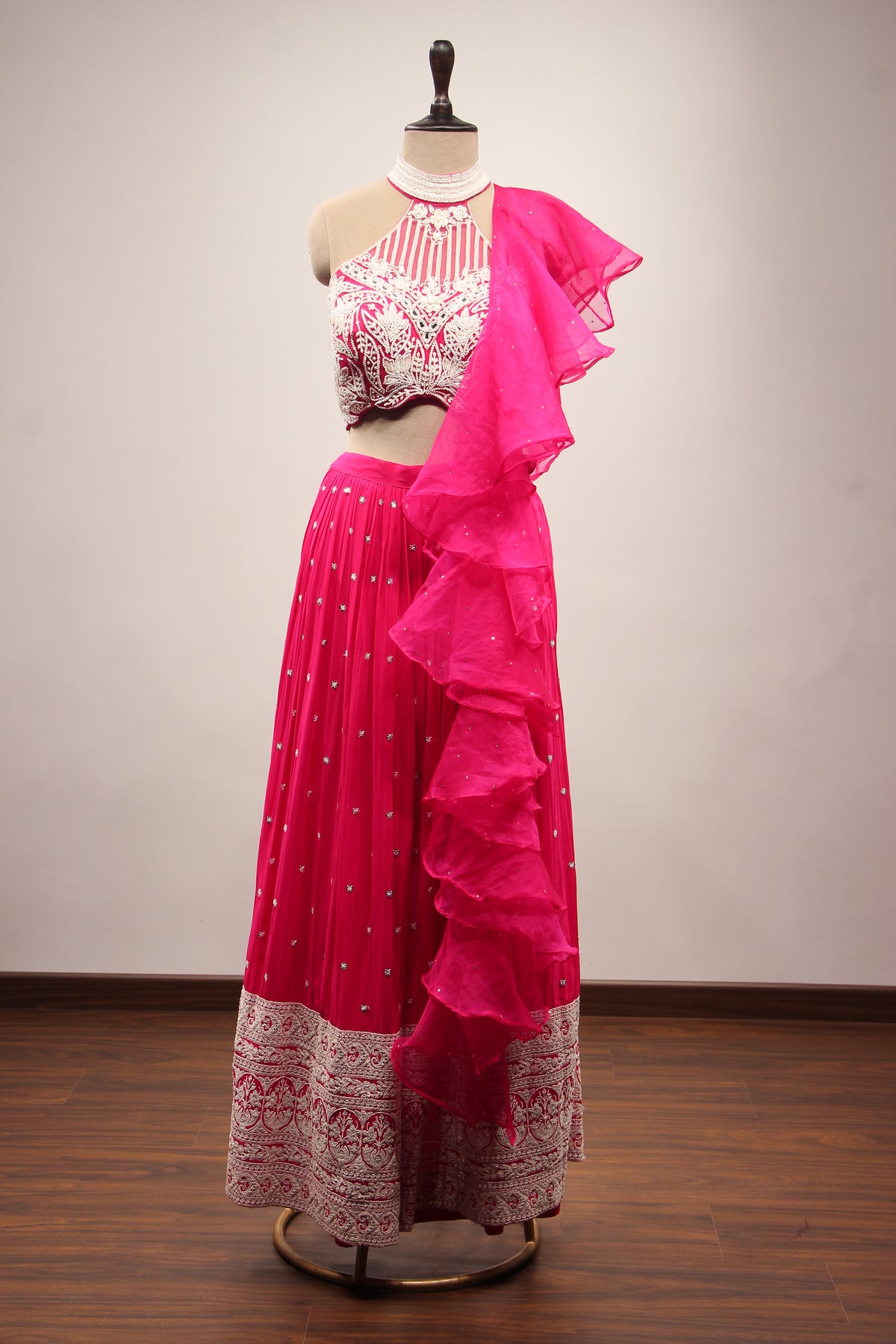 Crepe Rani Indo Western Halter Neck Palazzo Ruffle Dupatta Set