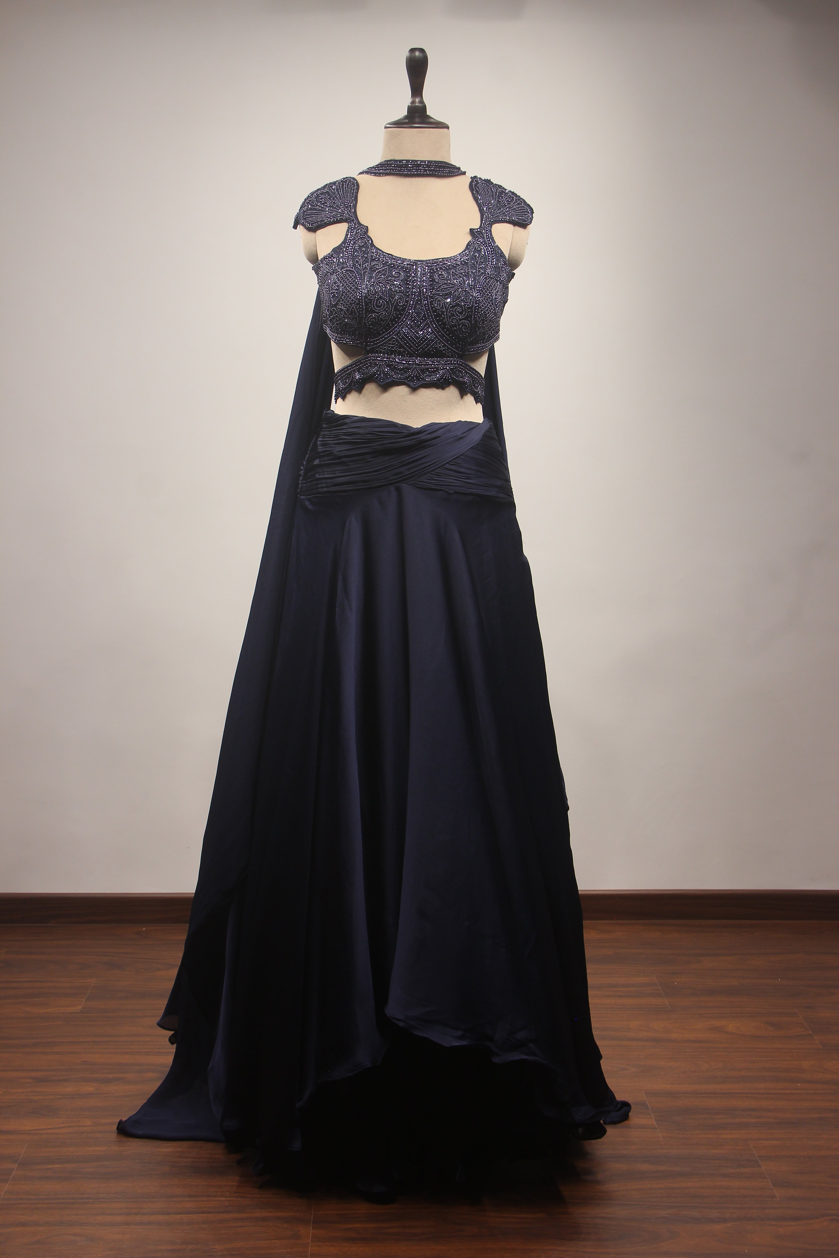 Navy Blue Crepe Mermaid Lehenga with Hand Embroidery & Bead Handwork