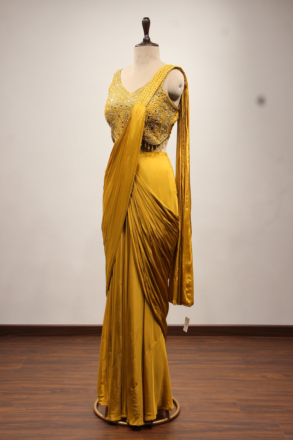 Crepe Drape Saree with Mirror & Resham Handwork Crop Top in Mustard
