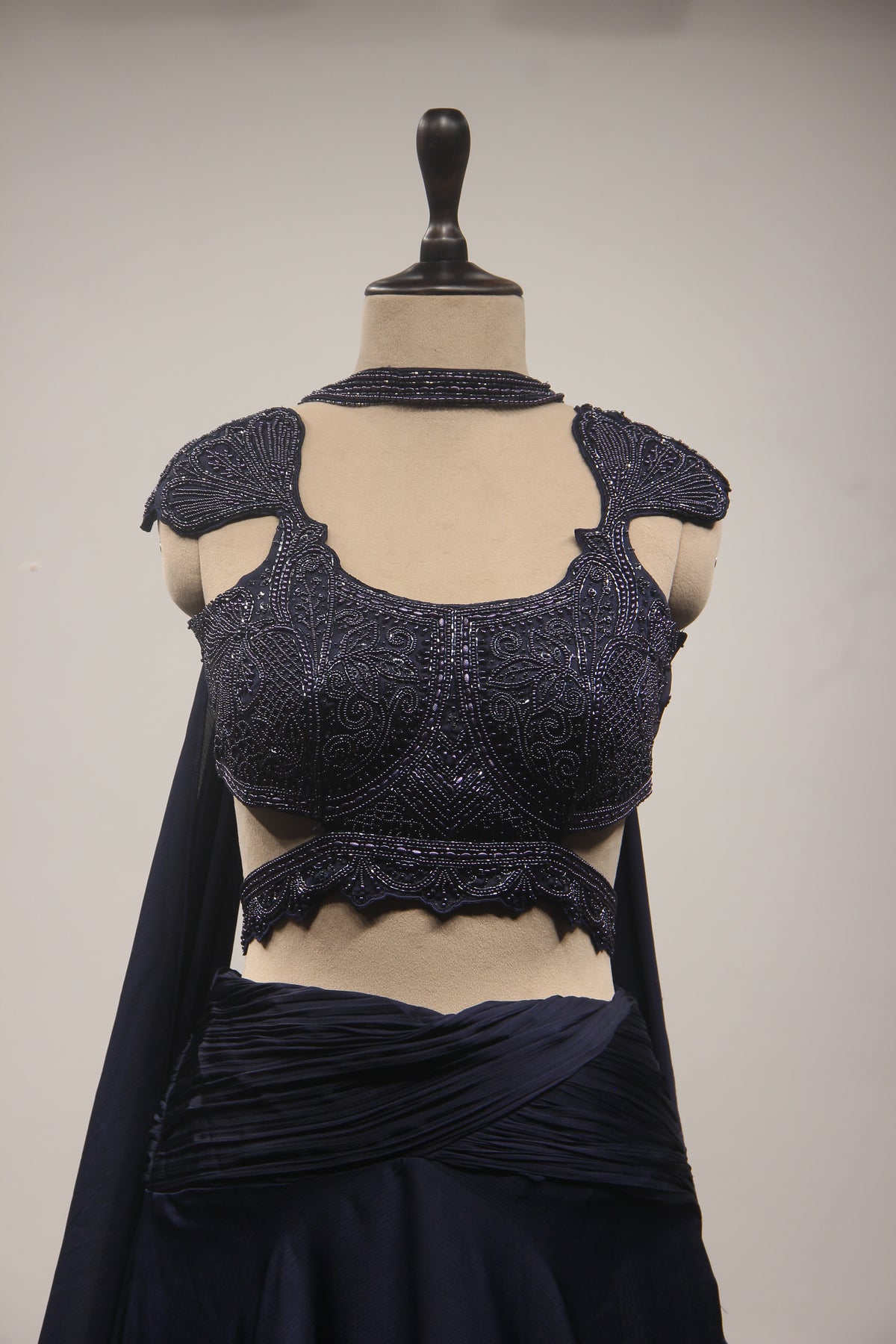 Navy Blue Crepe Mermaid Lehenga with Hand Embroidery & Bead Handwork