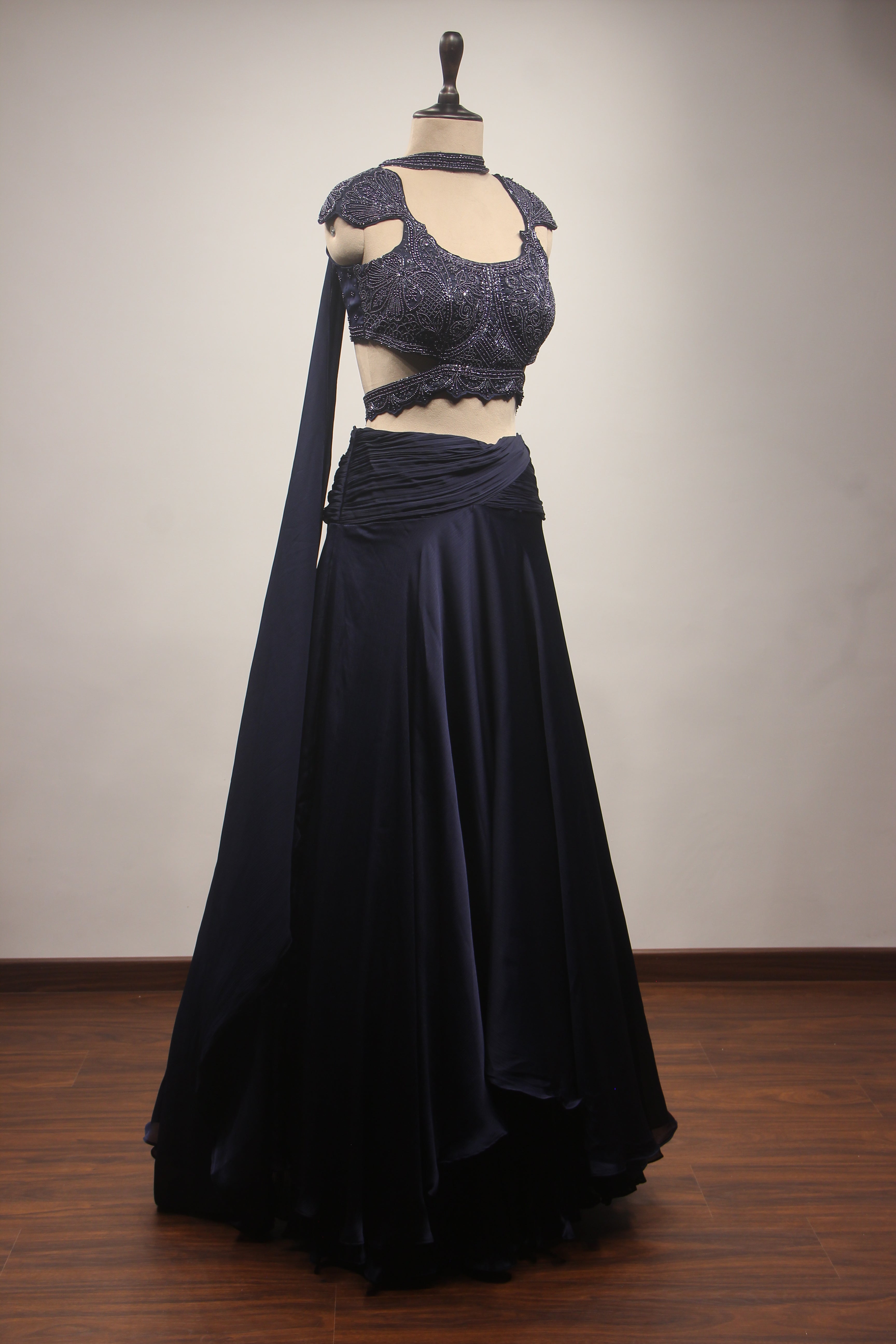 Navy Blue Crepe Mermaid Lehenga with Hand Embroidery & Bead Handwork