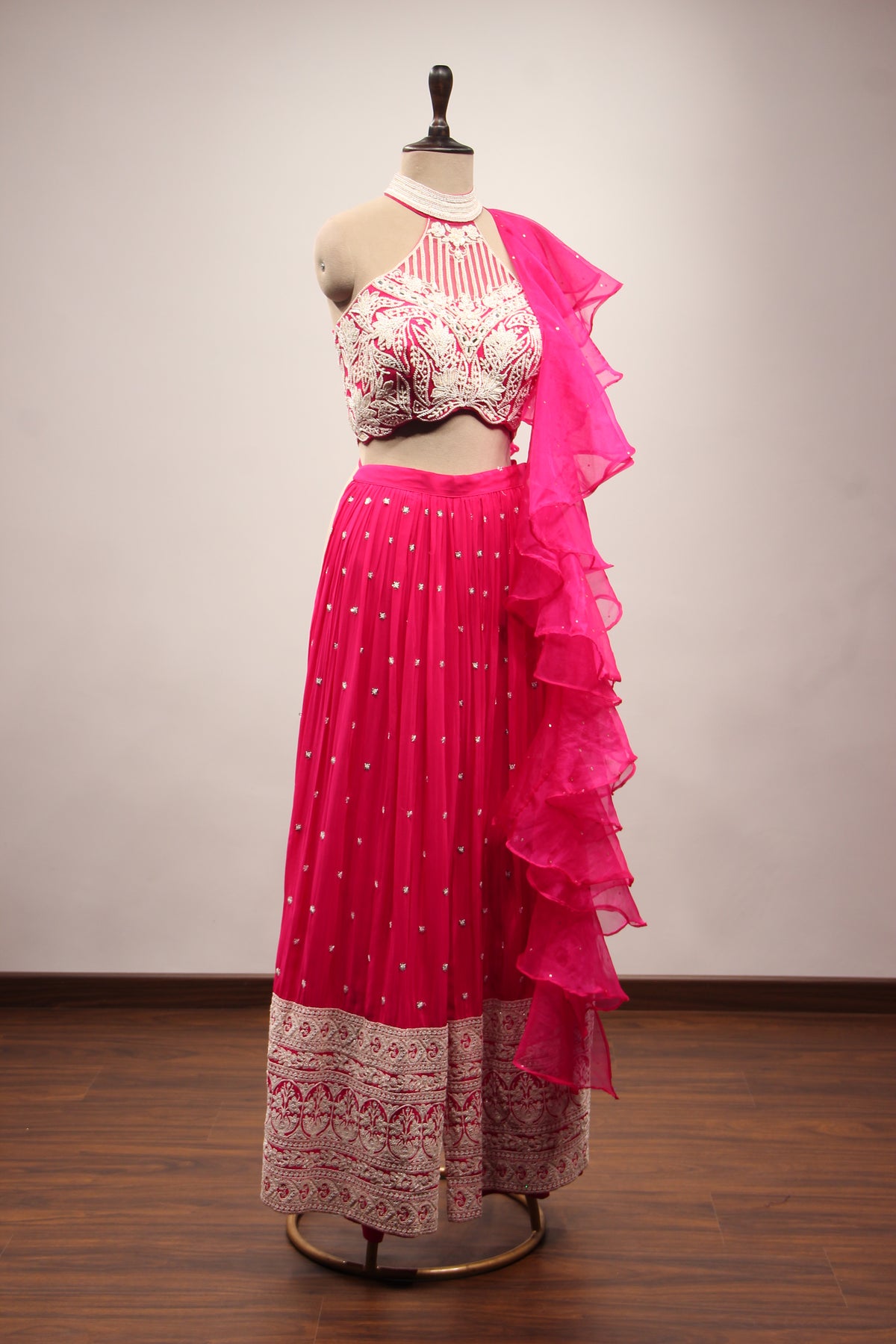 Crepe Rani Indo Western Halter Neck Palazzo Ruffle Dupatta Set