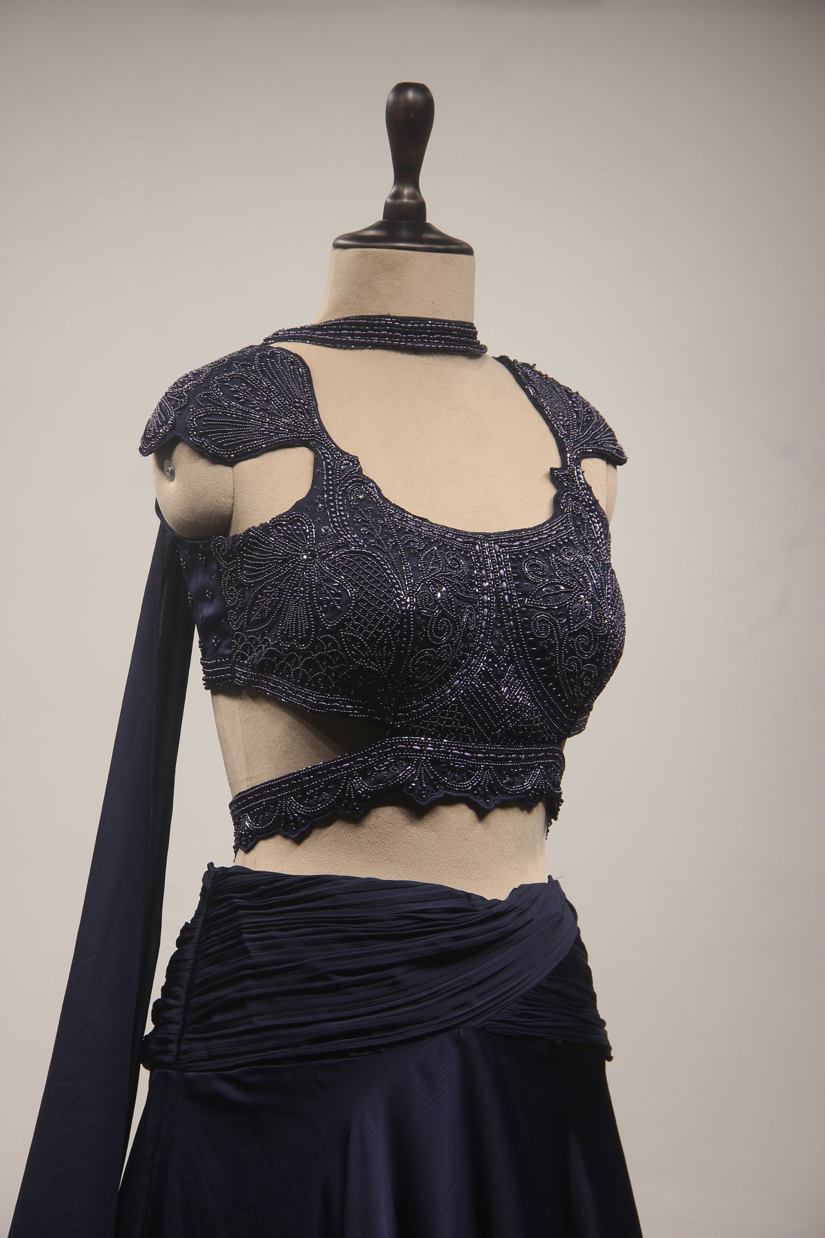 Navy Blue Crepe Mermaid Lehenga with Hand Embroidery & Bead Handwork