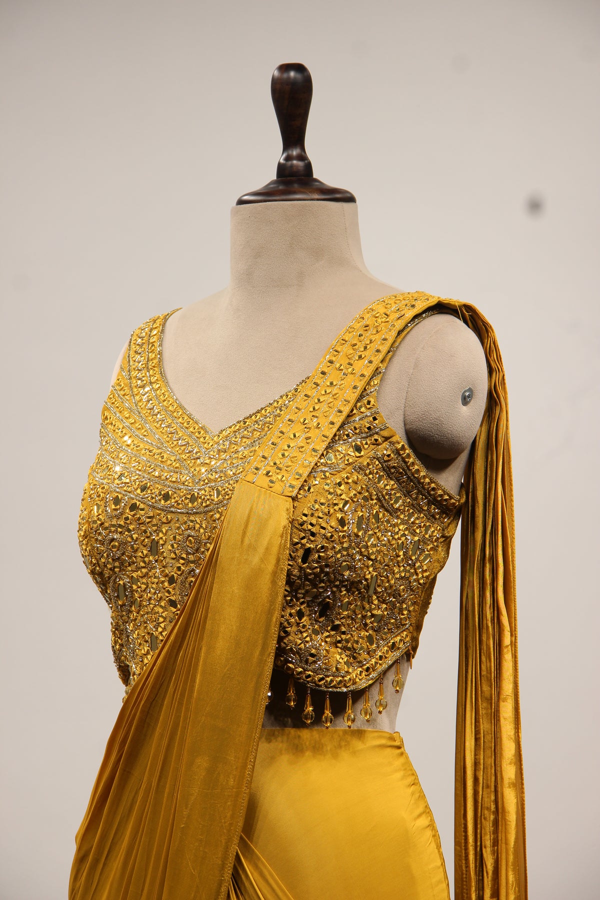 Crepe Drape Saree with Mirror & Resham Handwork Crop Top in Mustard