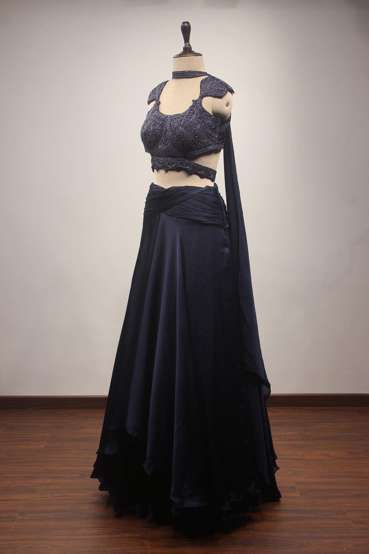 Navy Blue Crepe Mermaid Lehenga with Hand Embroidery & Bead Handwork