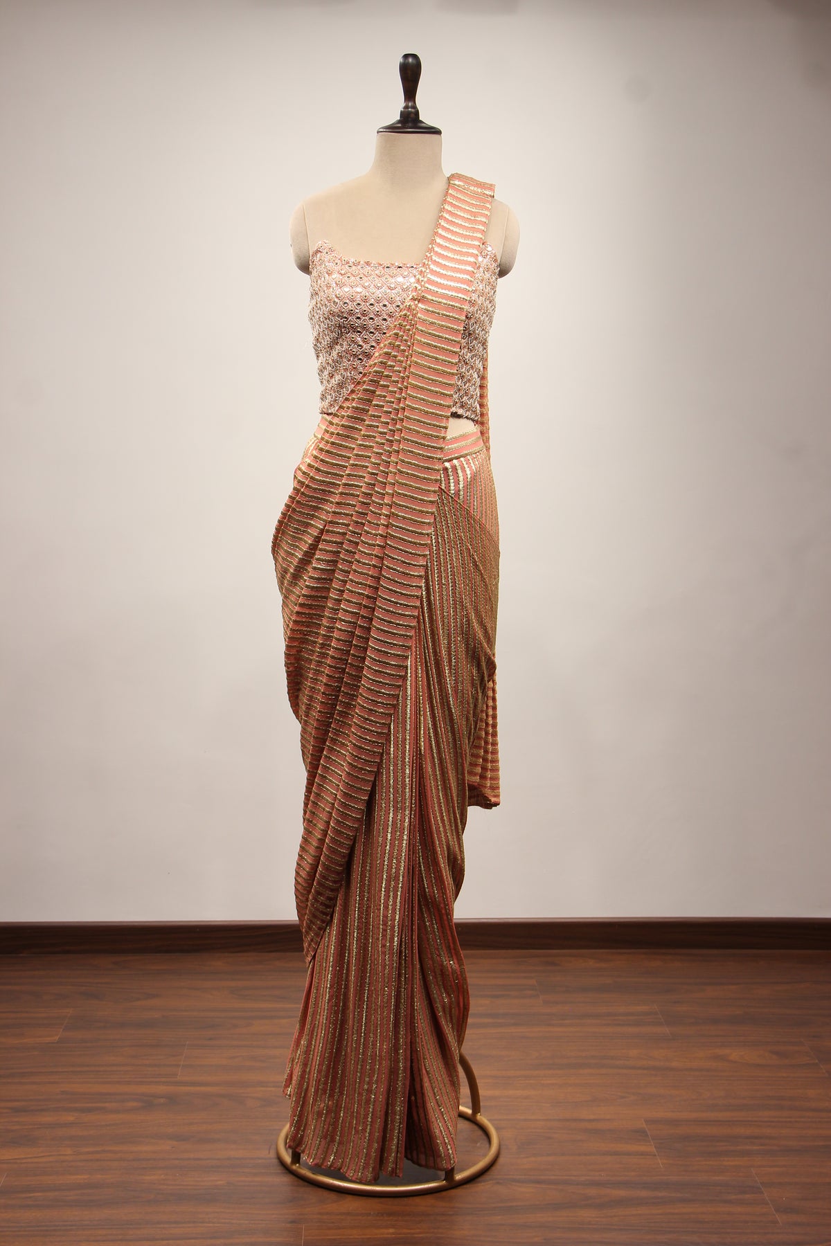 Georgette Drape Saree with Mirror & Pearl Handwork Corset Blouse in Peach