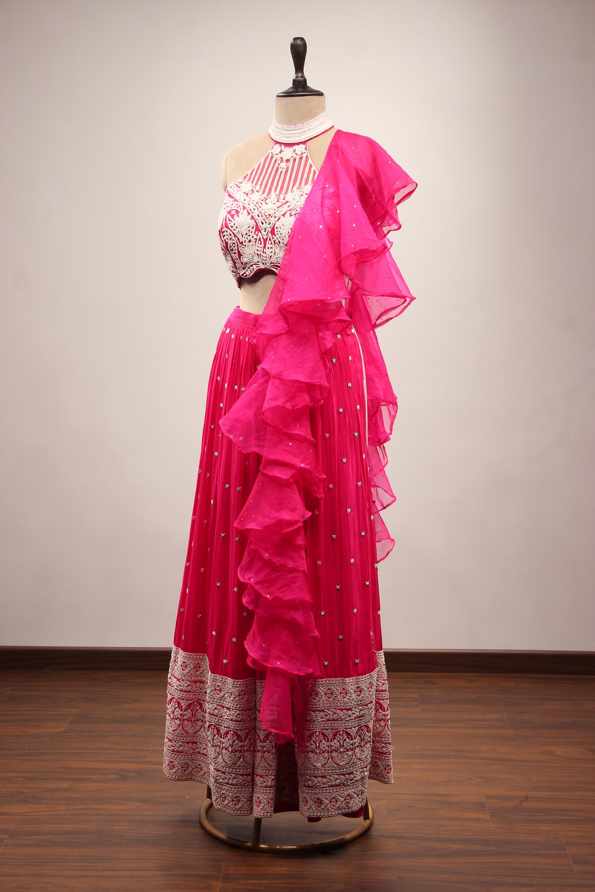 Crepe Rani Indo Western Halter Neck Palazzo Ruffle Dupatta Set