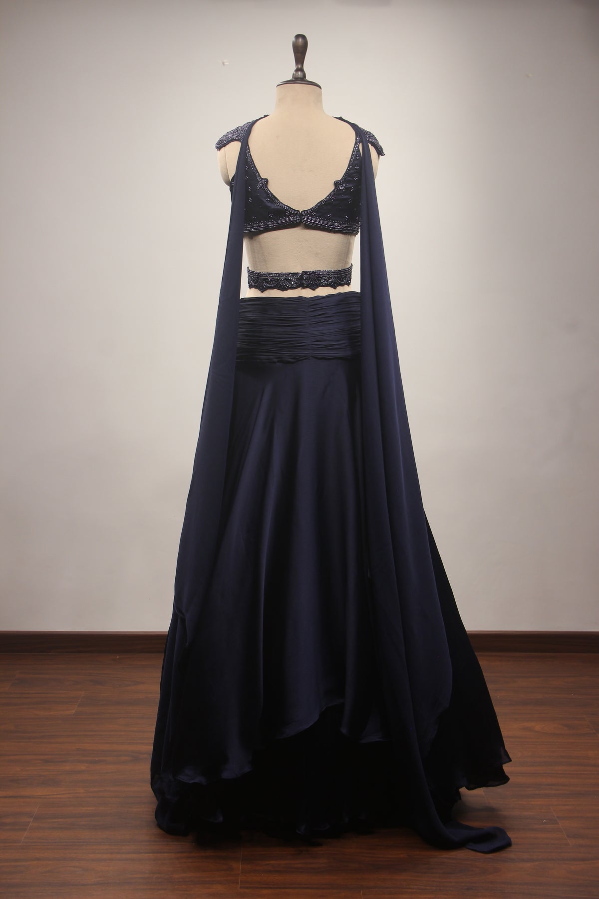 Navy Blue Crepe Mermaid Lehenga with Hand Embroidery & Bead Handwork
