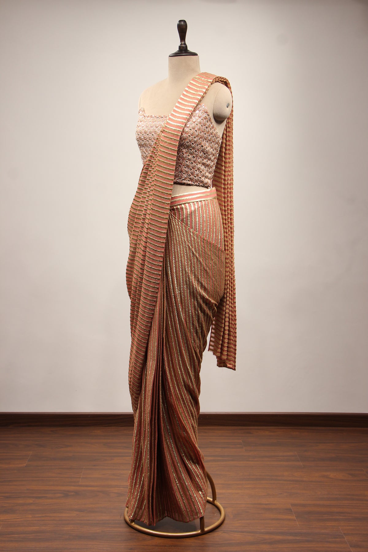 Georgette Drape Saree with Mirror & Pearl Handwork Corset Blouse in Peach