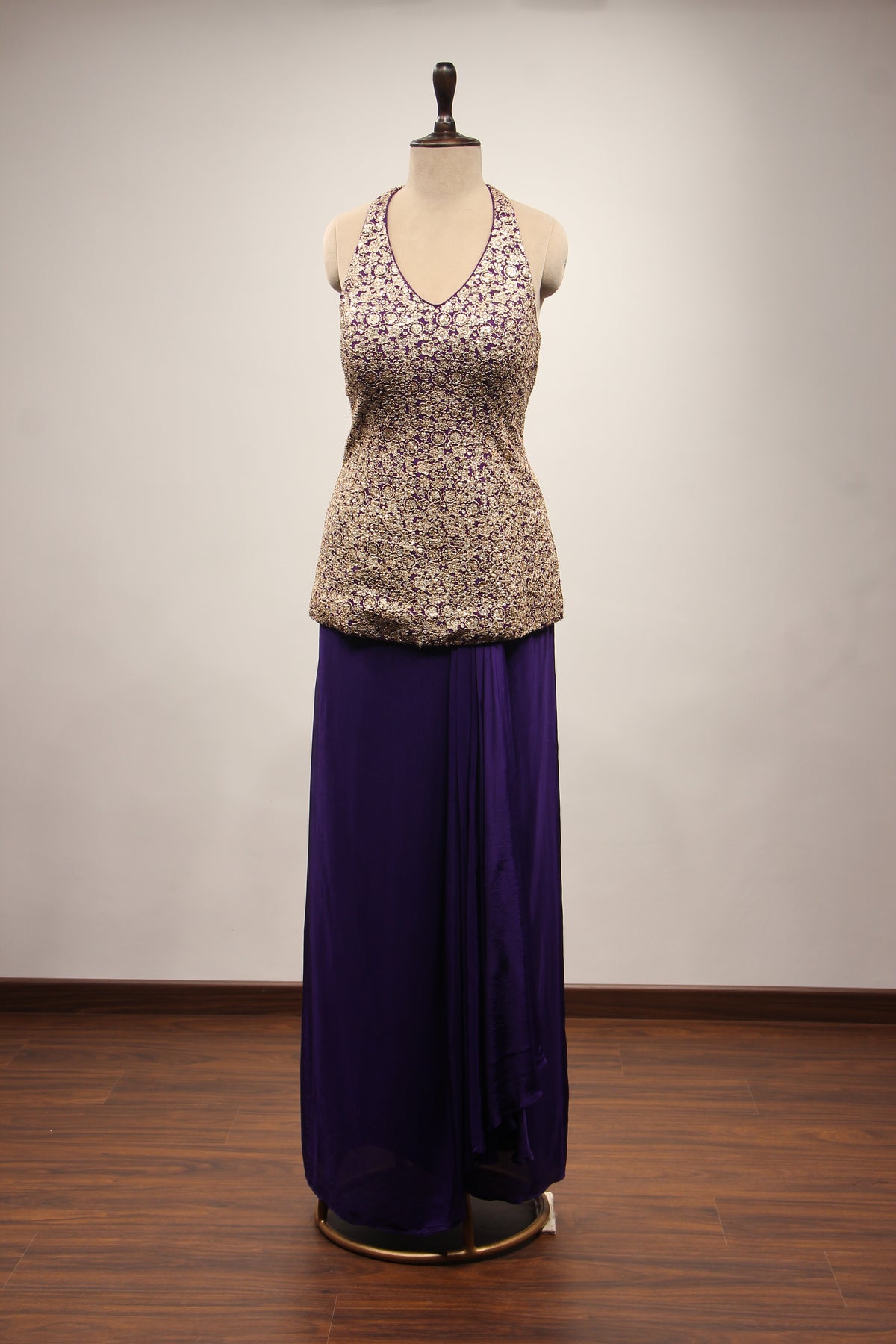 Crepe Purple Halter Neck Indo Western with Zari & Sequin Handwork