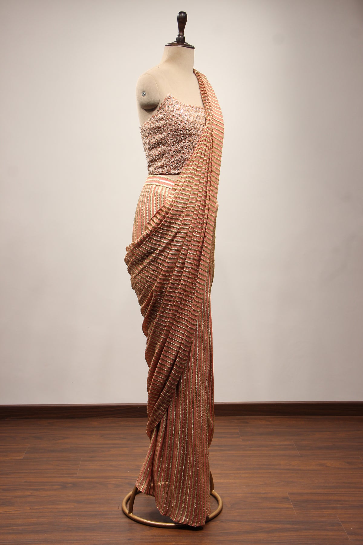 Georgette Drape Saree with Mirror & Pearl Handwork Corset Blouse in Peach