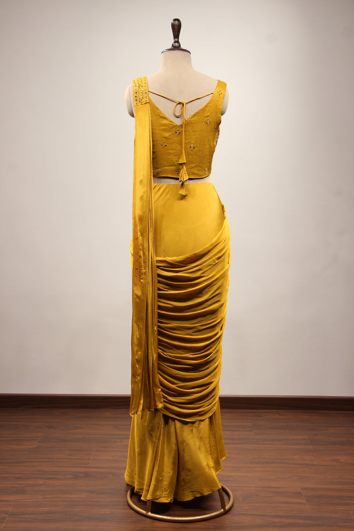 Crepe Drape Saree with Mirror & Resham Handwork Crop Top in Mustard