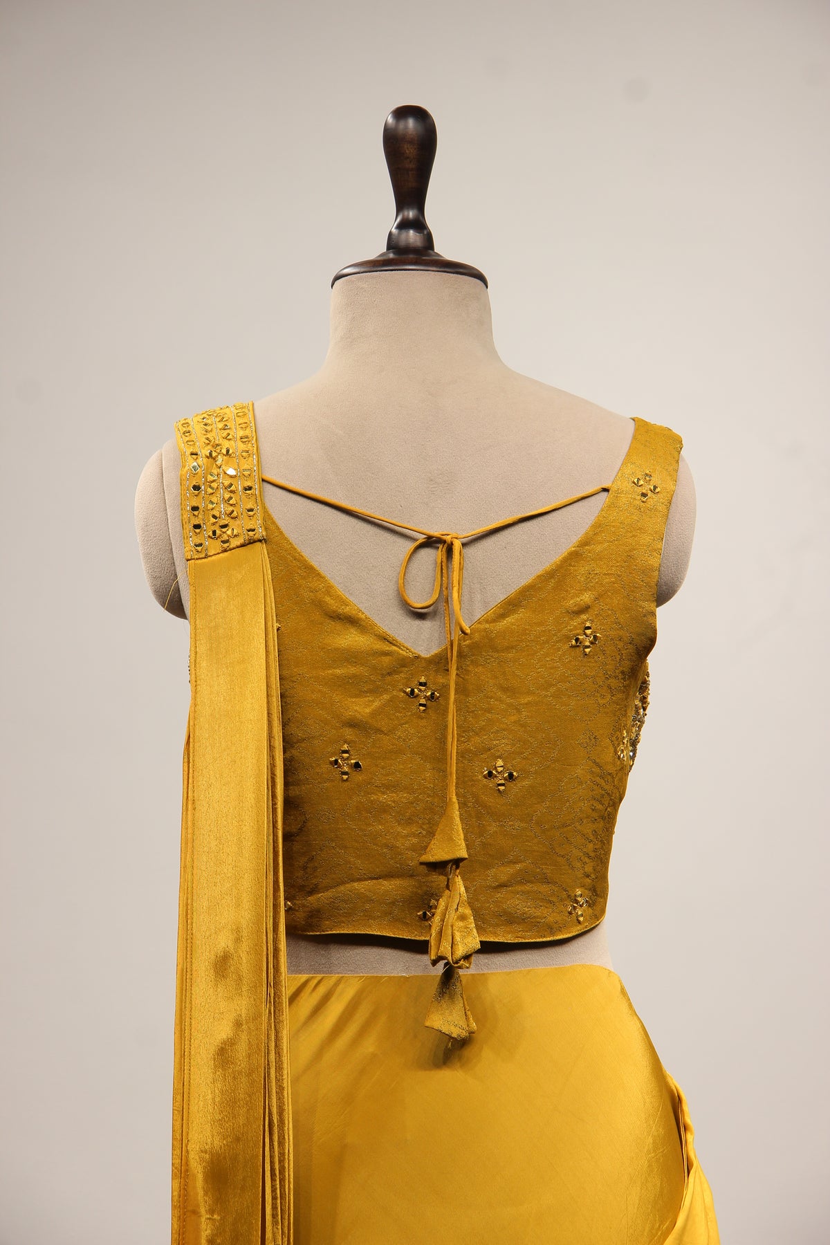 Crepe Drape Saree with Mirror & Resham Handwork Crop Top in Mustard