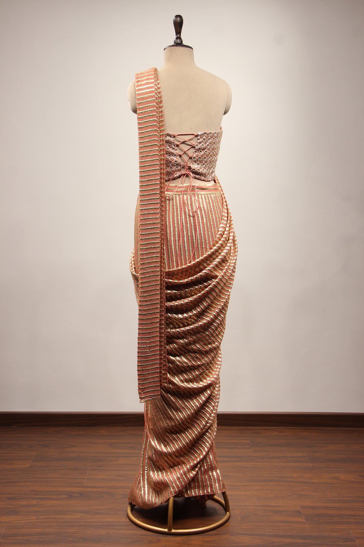 Georgette Drape Saree with Mirror & Pearl Handwork Corset Blouse in Peach