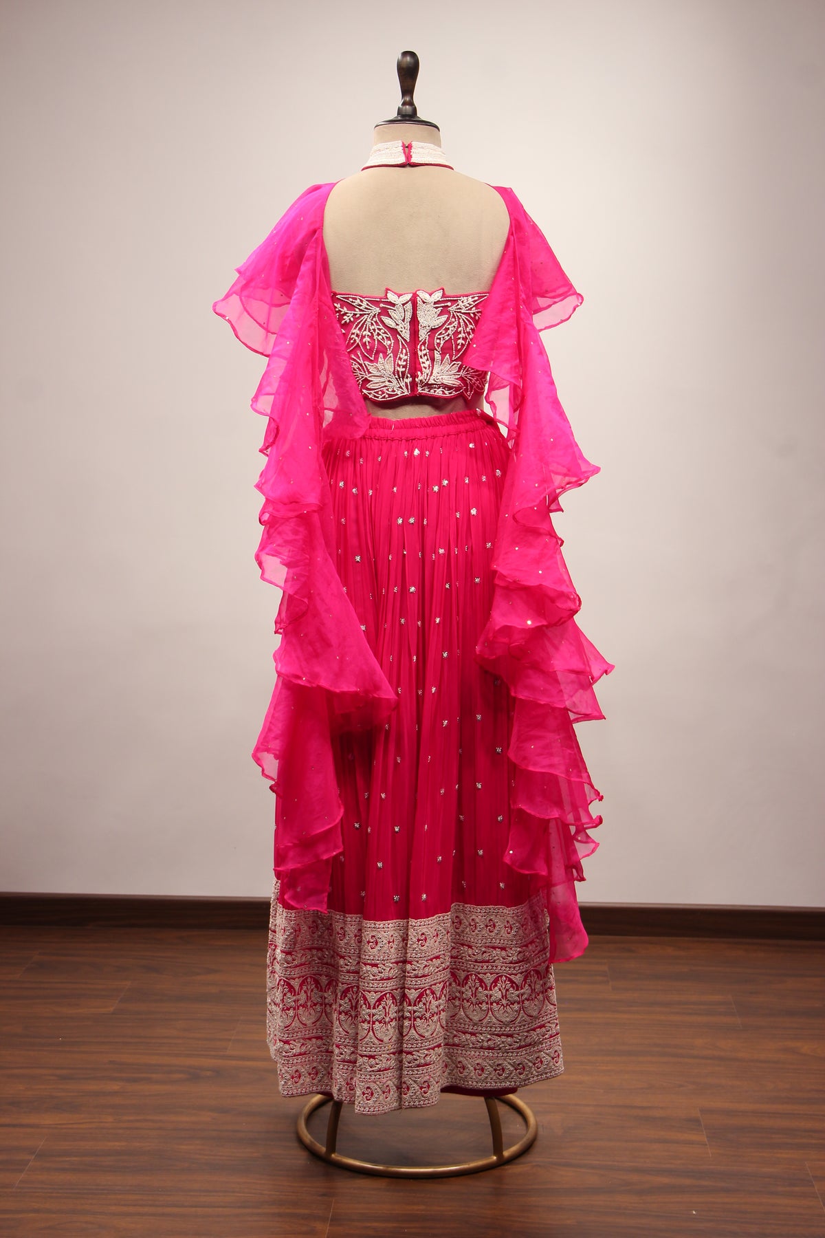 Crepe Rani Indo Western Halter Neck Palazzo Ruffle Dupatta Set