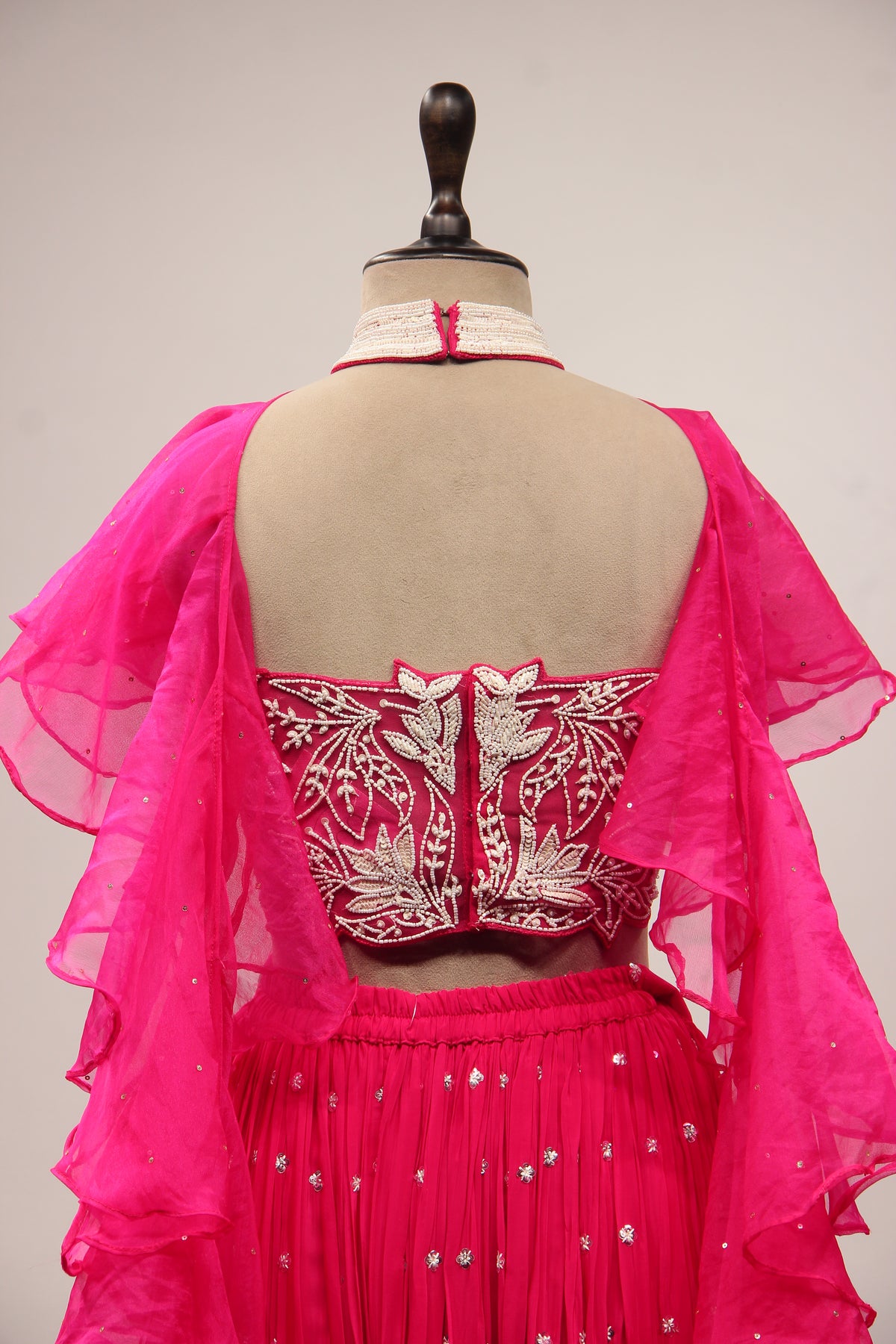 Crepe Rani Indo Western Halter Neck Palazzo Ruffle Dupatta Set