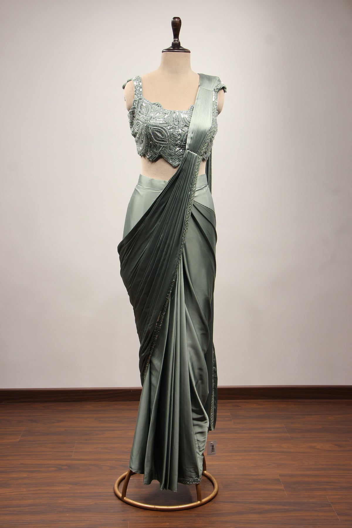 Imported Rama Green Drape Saree with Cut Dana & Sequin Handwork Crop Top