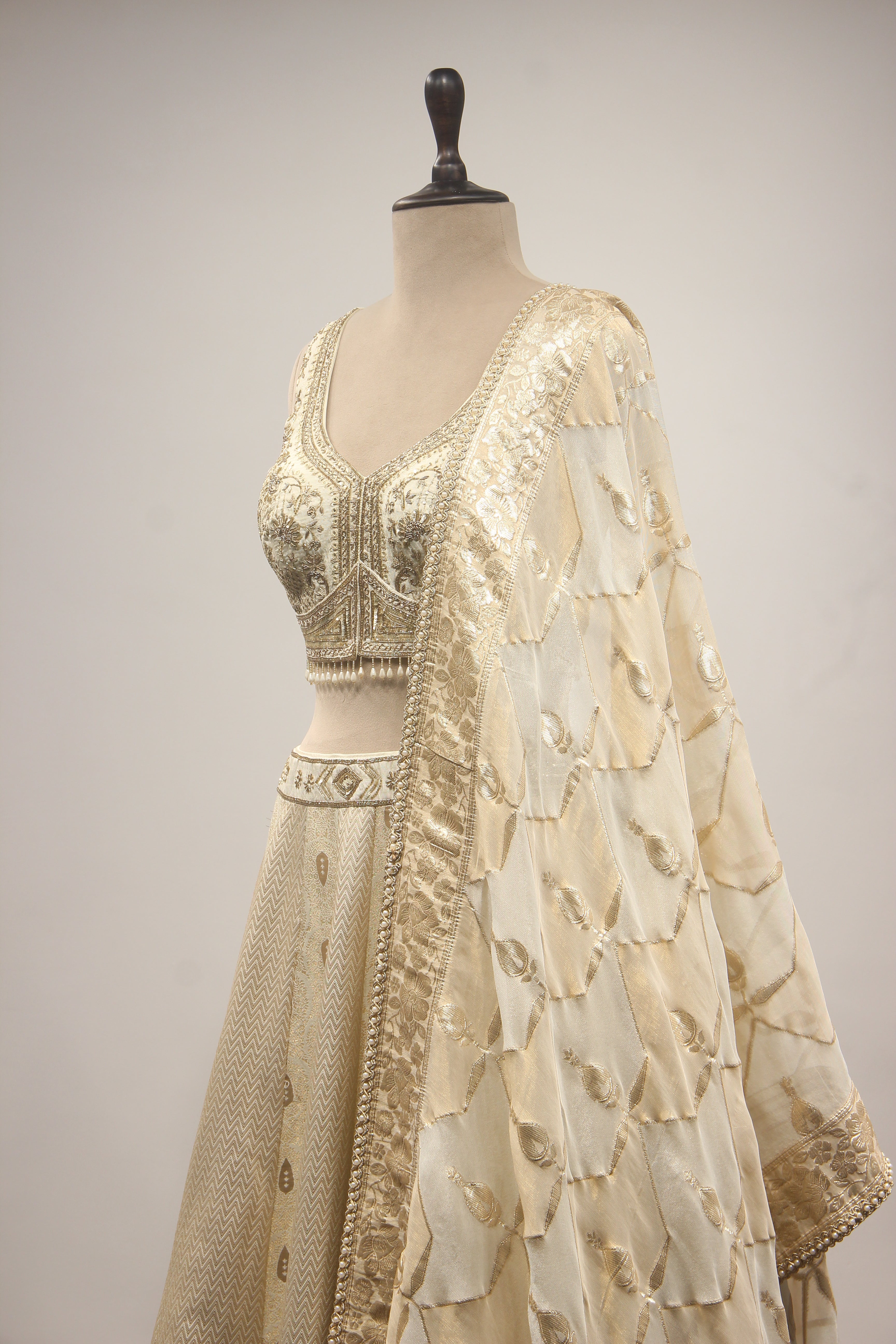 Cream Banarasi Brocade Lehenga with Hand Embroidery & Zardozi Handwork