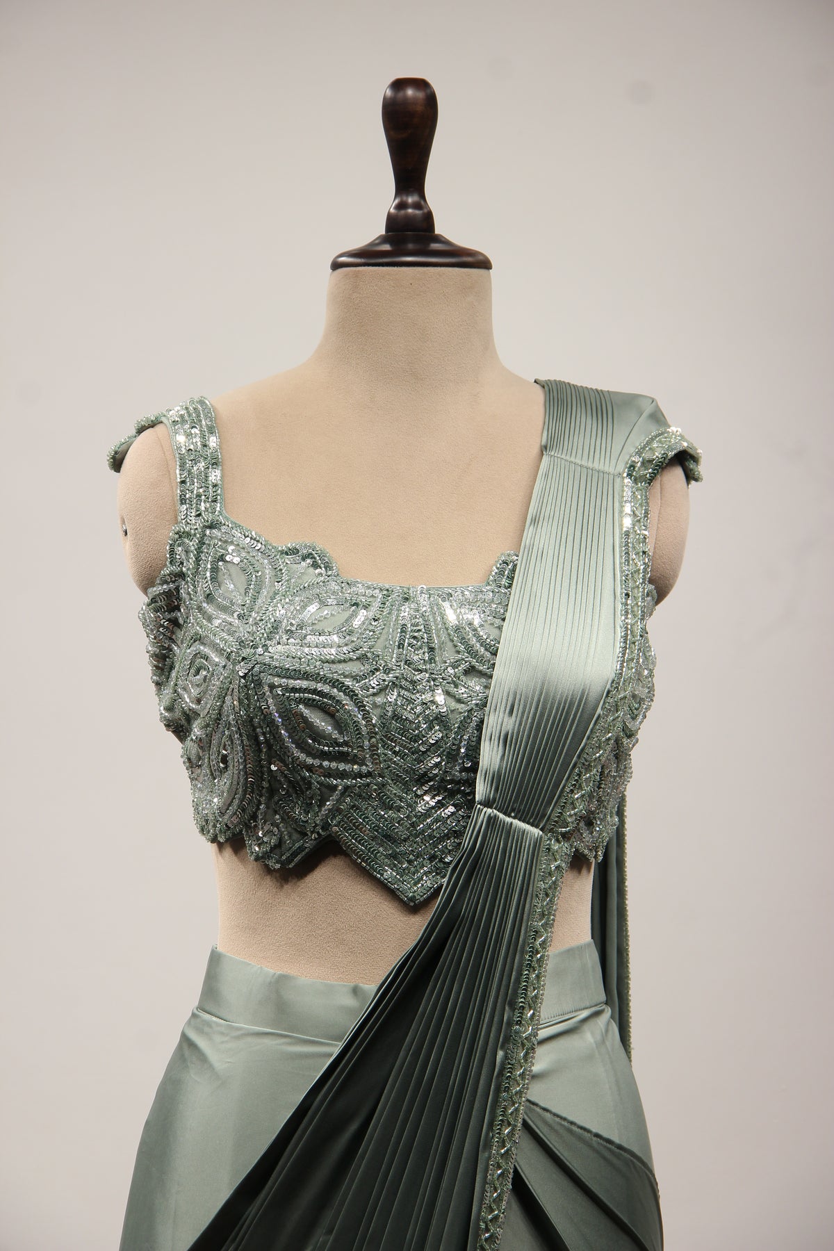 Imported Rama Green Drape Saree with Cut Dana & Sequin Handwork Crop Top