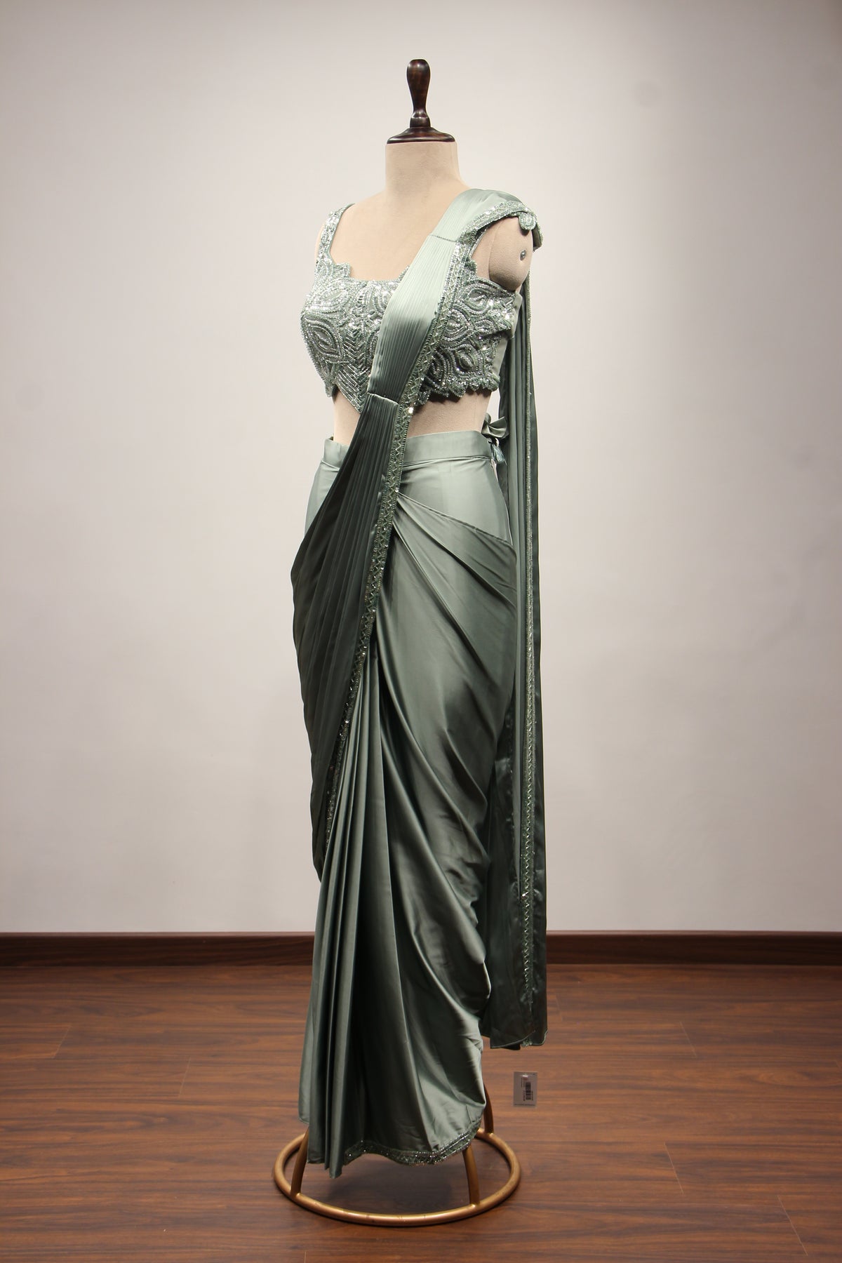 Imported Rama Green Drape Saree with Cut Dana & Sequin Handwork Crop Top