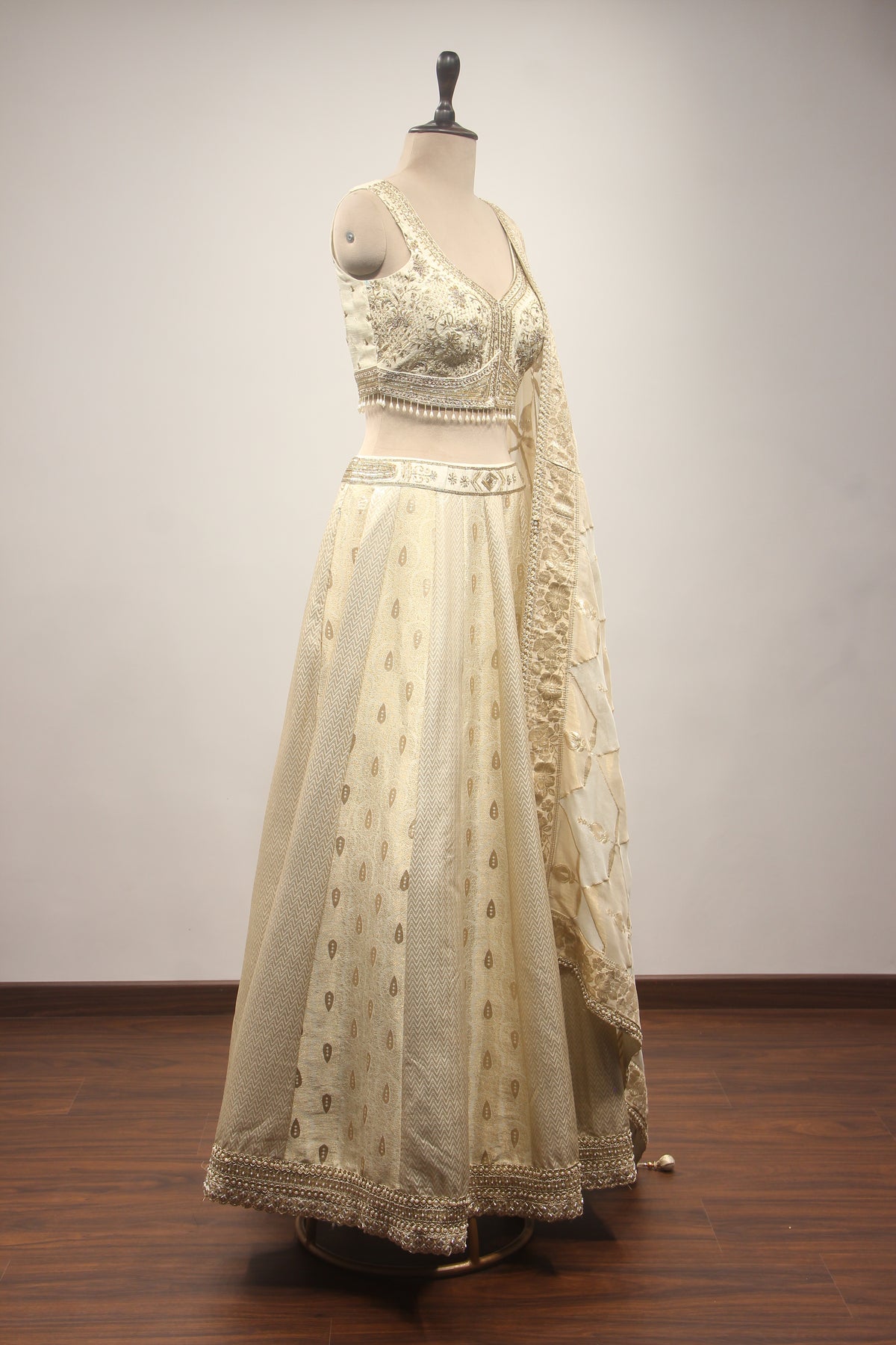 Cream Banarasi Brocade Lehenga with Hand Embroidery & Zardozi Handwork