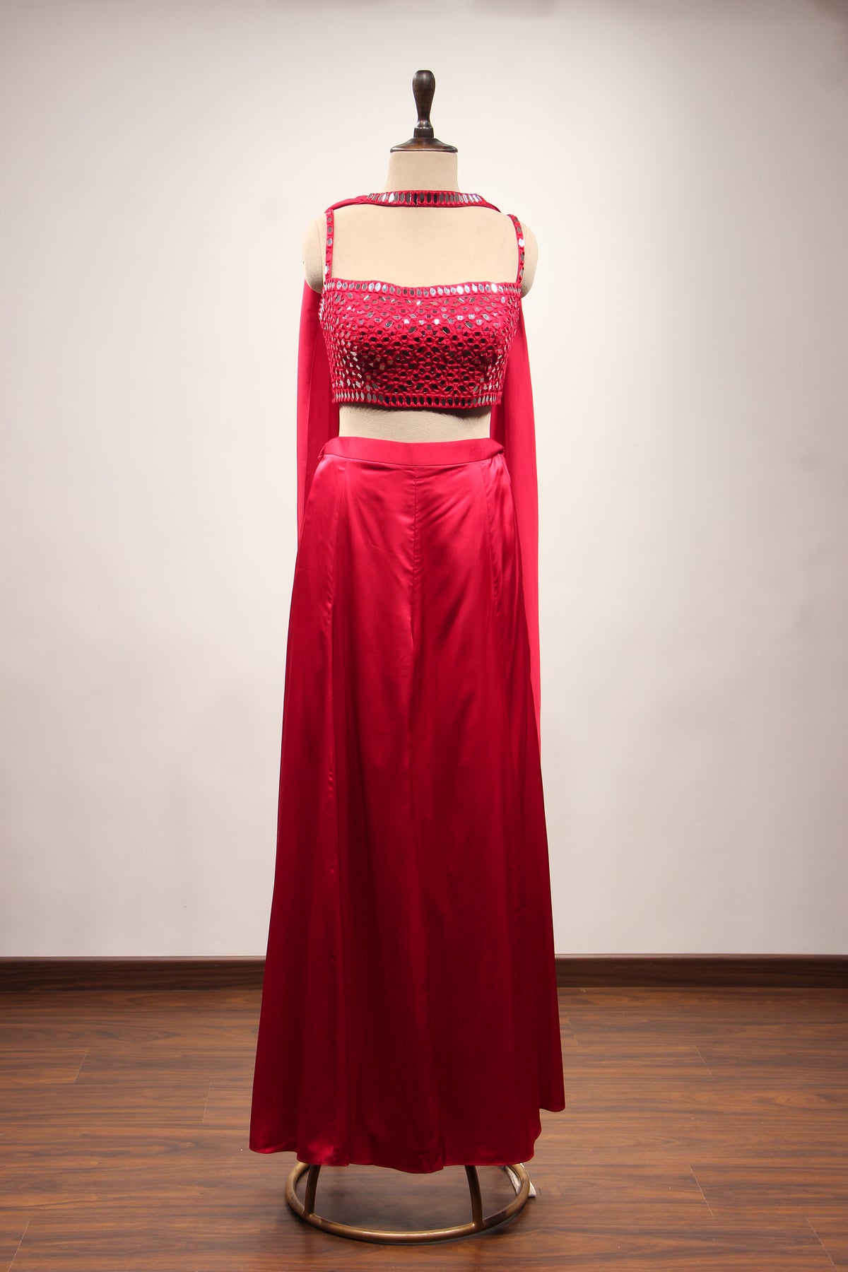 Red Satin Indo Western Crop Top Palazzo with Hand Embroidery & Mirror – front view