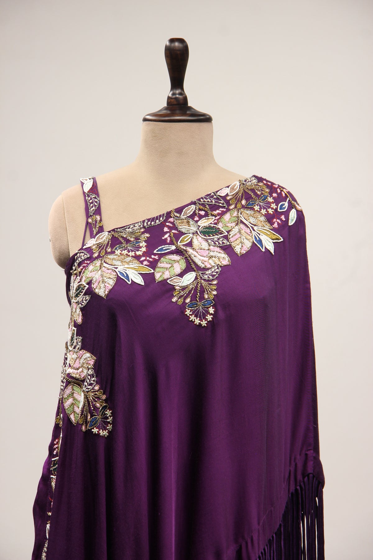 Satin Purple Off-Shoulder Palazzo Set with Zari & Sequin Handwork