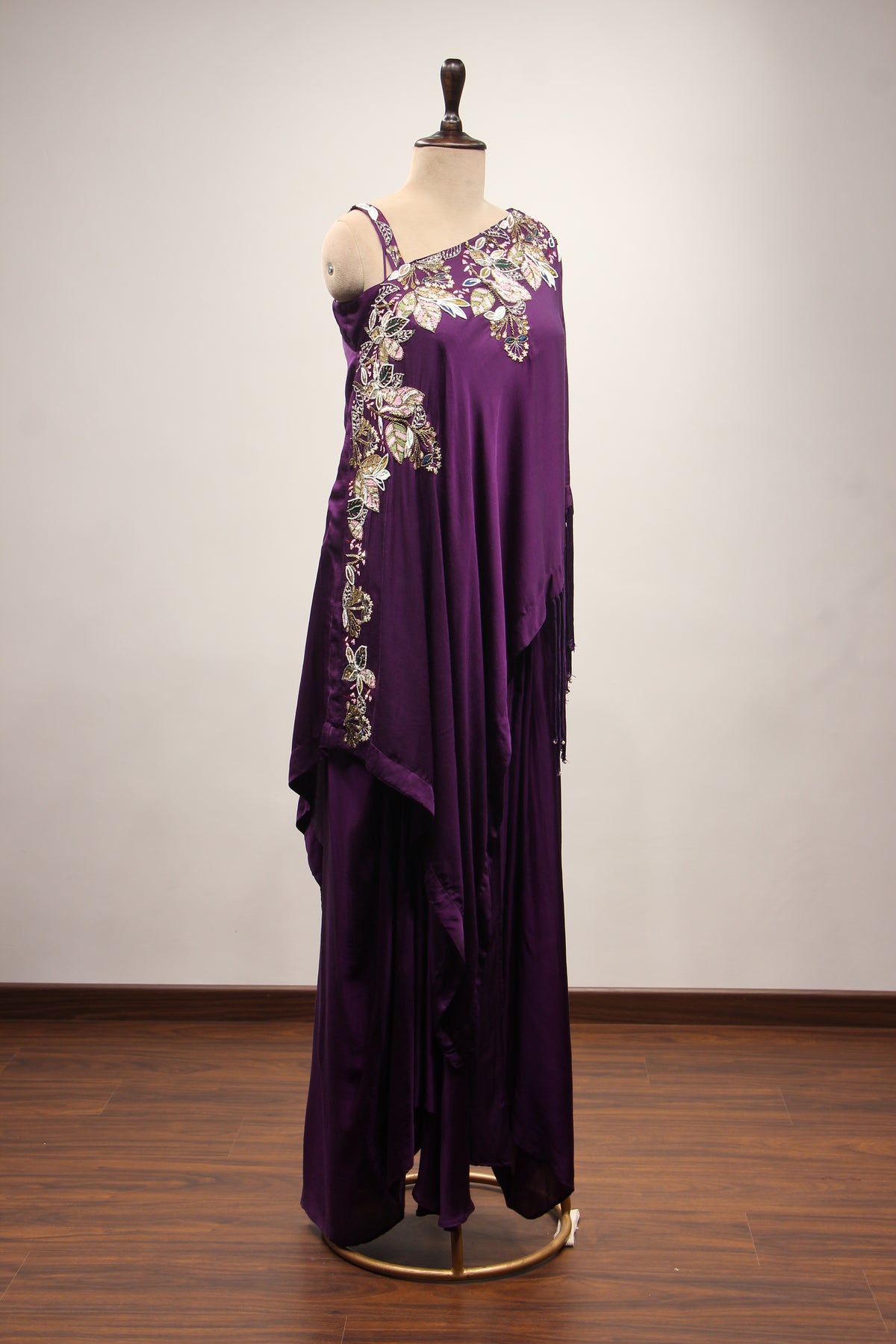 Satin Purple Off-Shoulder Palazzo Set with Zari & Sequin Handwork