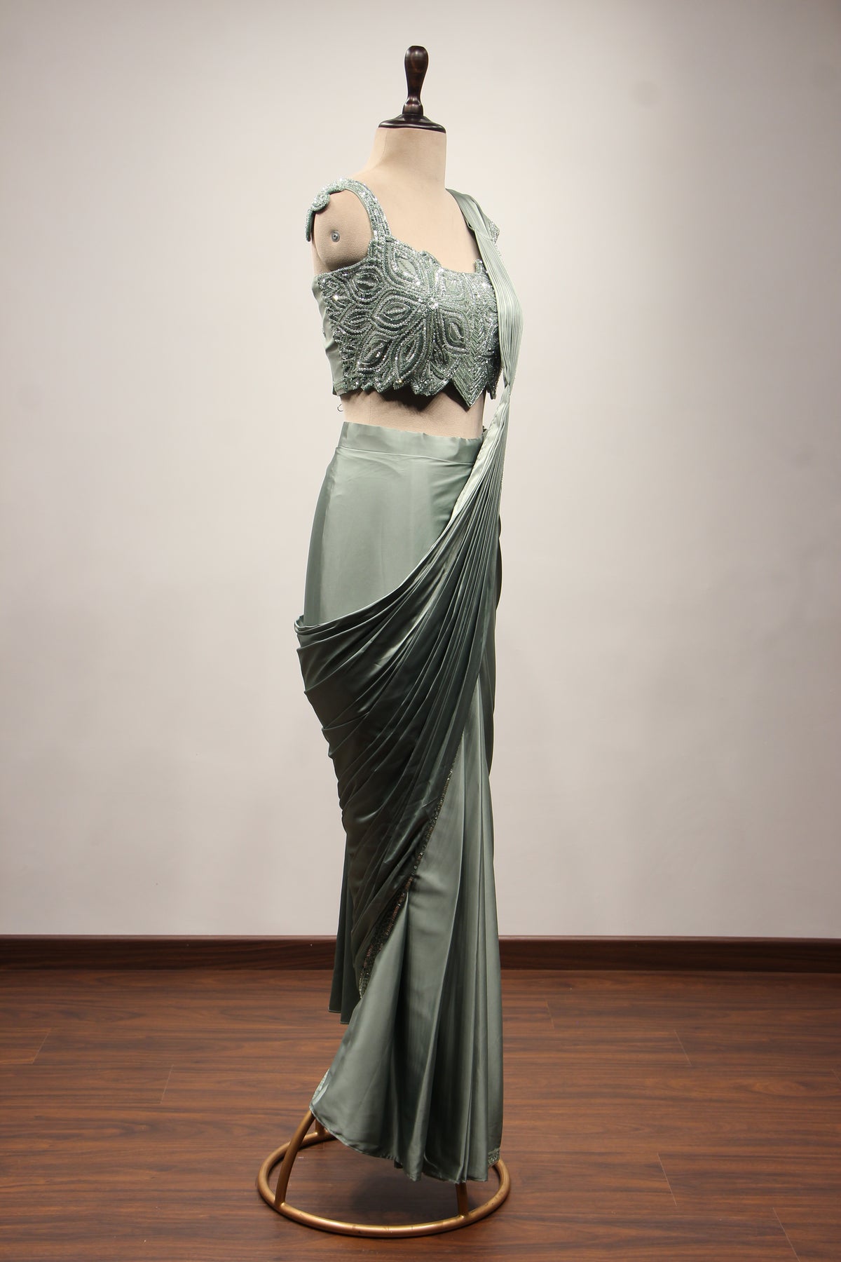 Imported Rama Green Drape Saree with Cut Dana & Sequin Handwork Crop Top