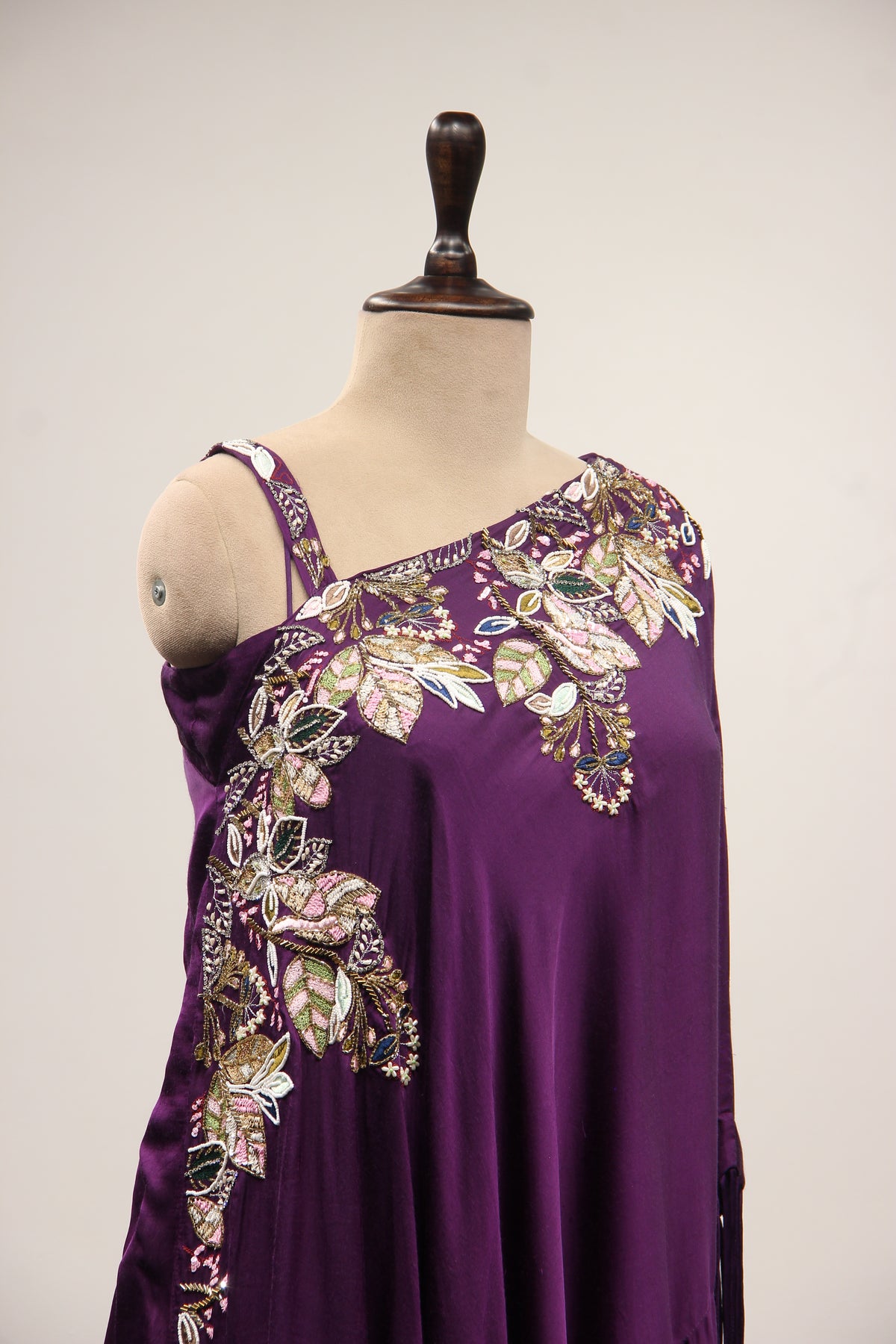 Satin Purple Off-Shoulder Palazzo Set with Zari & Sequin Handwork