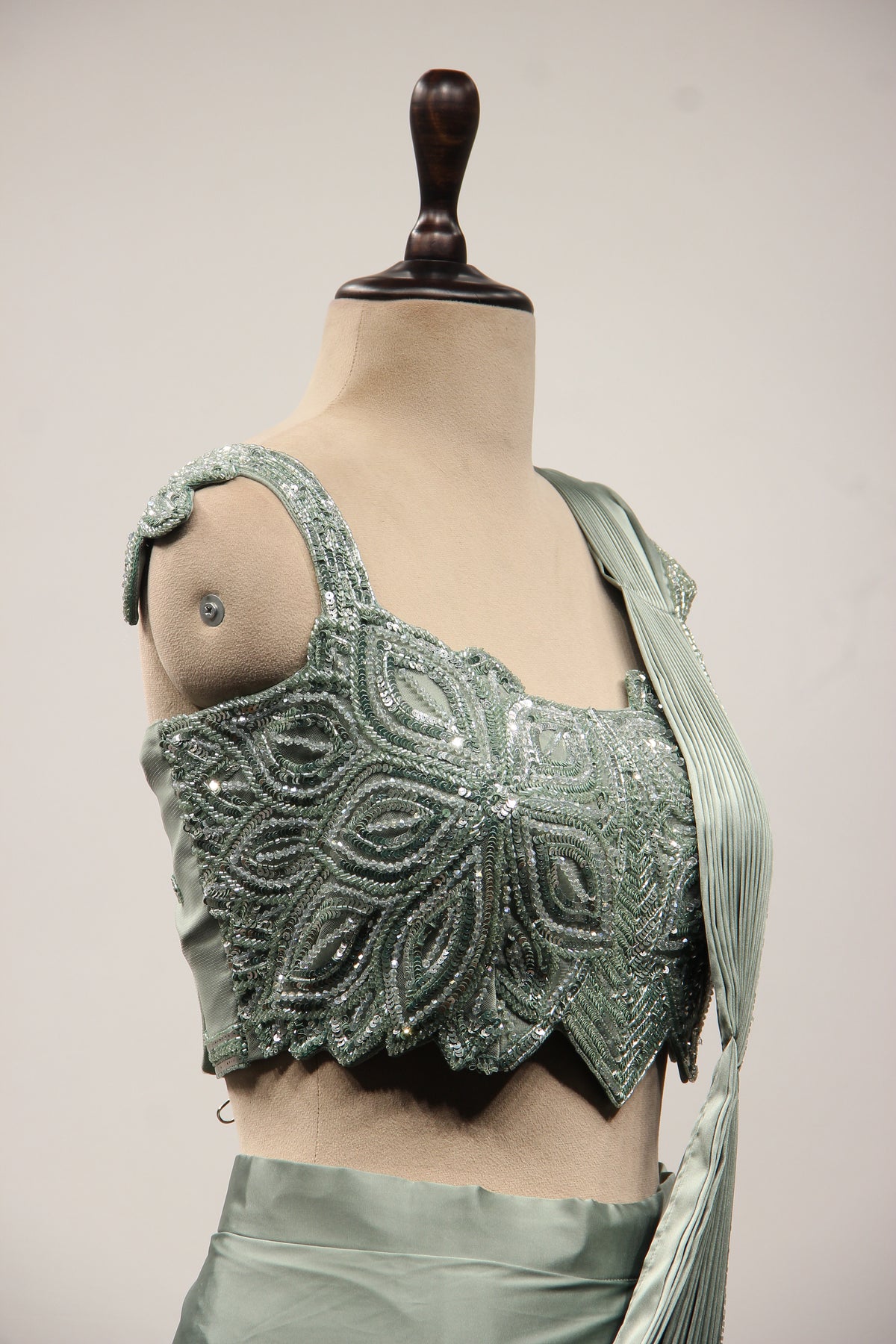 Imported Rama Green Drape Saree with Cut Dana & Sequin Handwork Crop Top