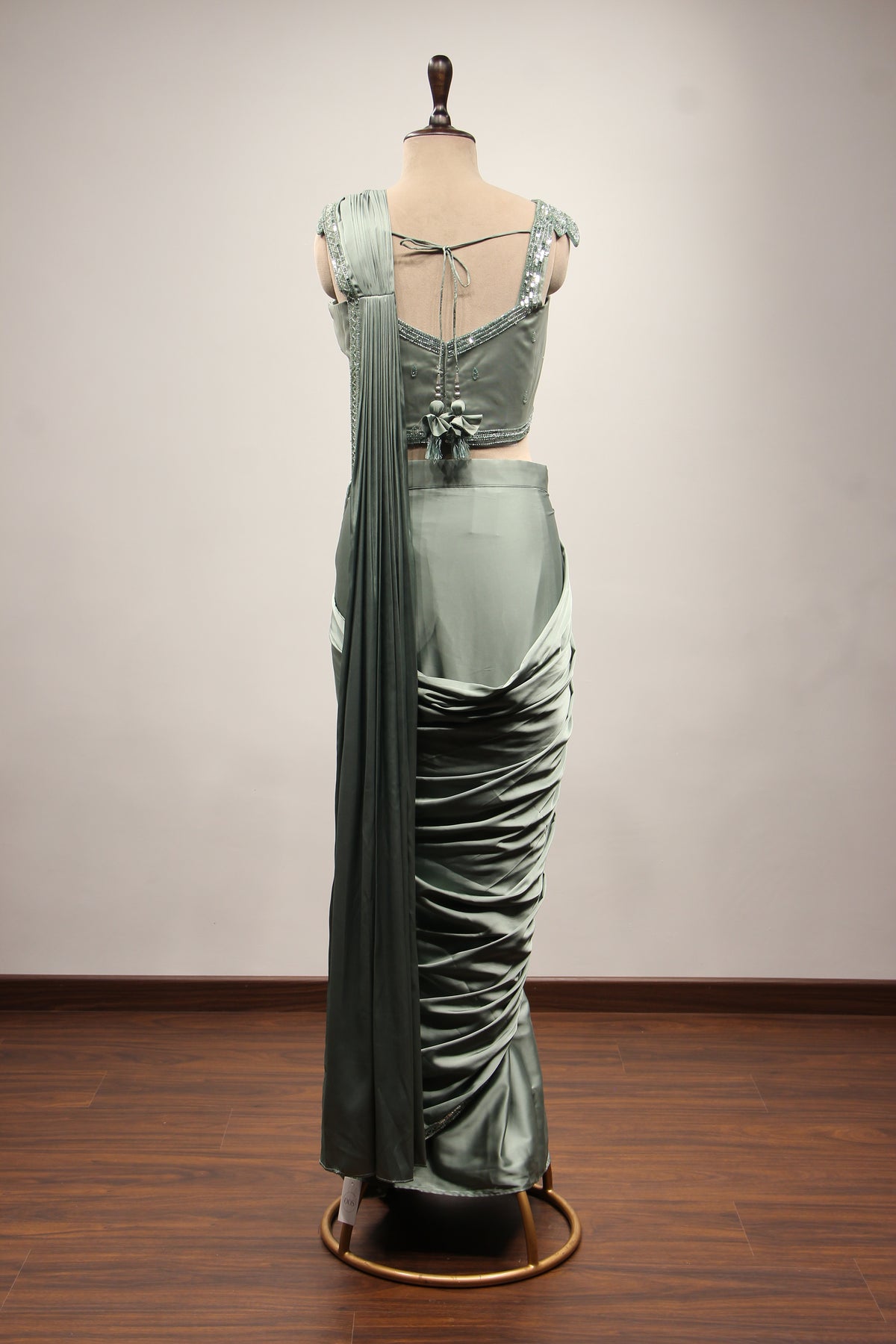 Imported Rama Green Drape Saree with Cut Dana & Sequin Handwork Crop Top