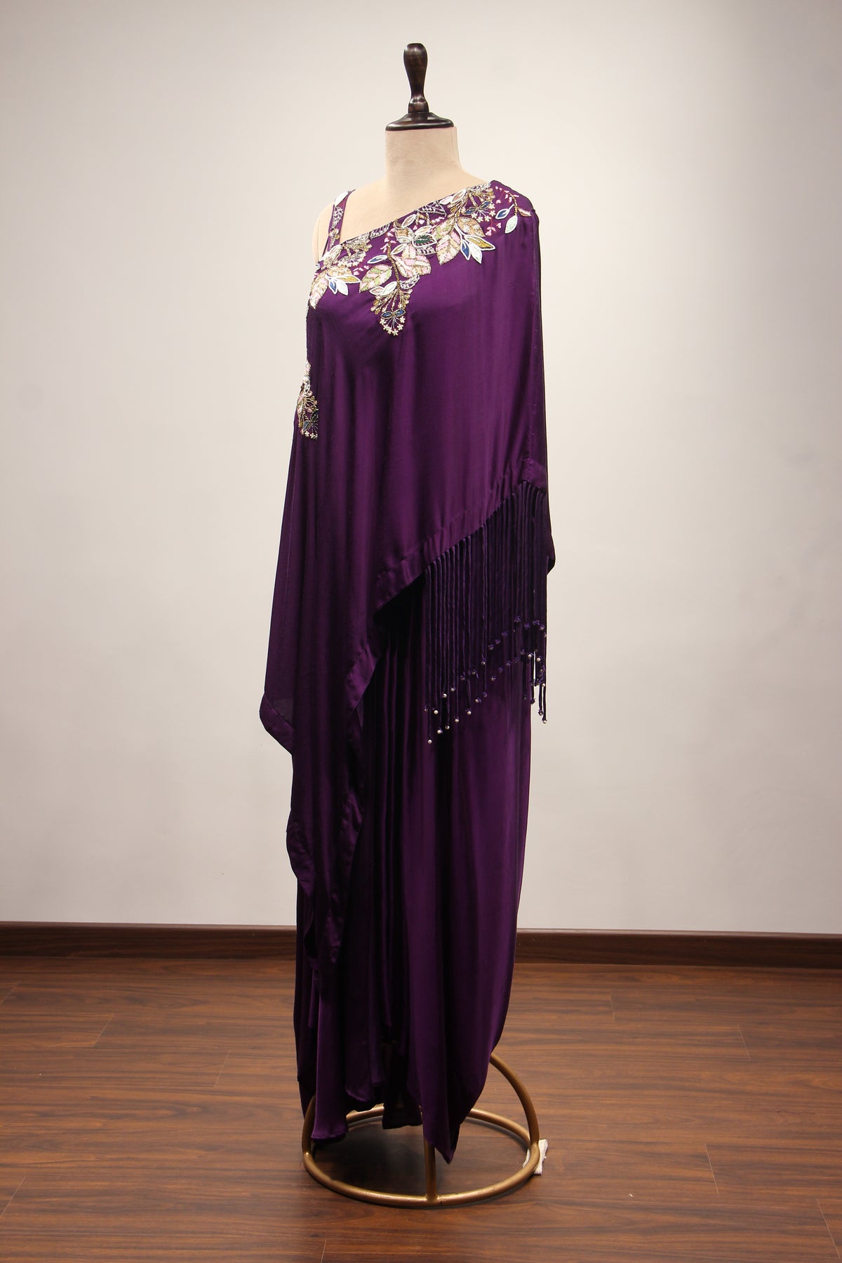 Satin Purple Off-Shoulder Palazzo Set with Zari & Sequin Handwork