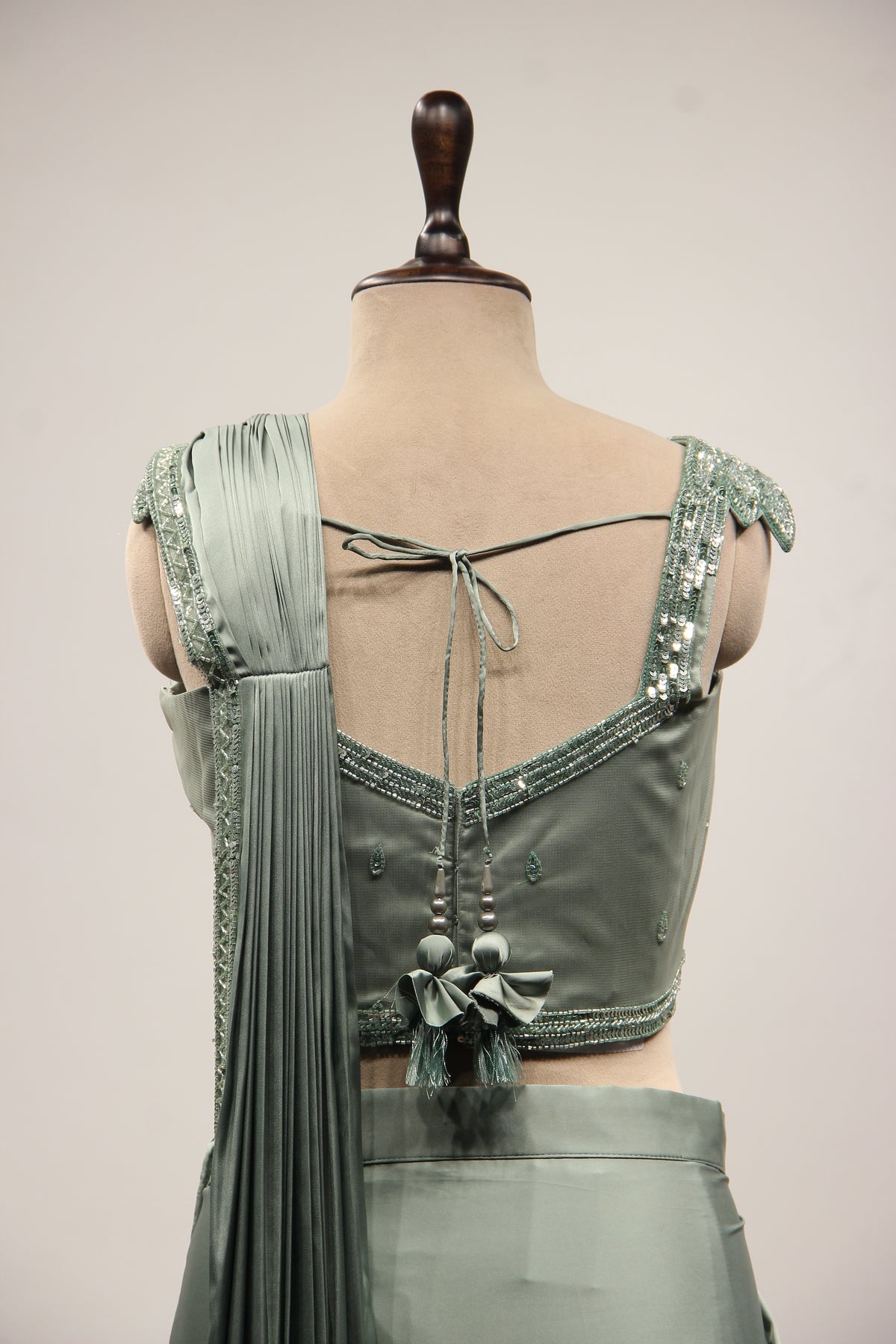 Imported Rama Green Drape Saree with Cut Dana & Sequin Handwork Crop Top